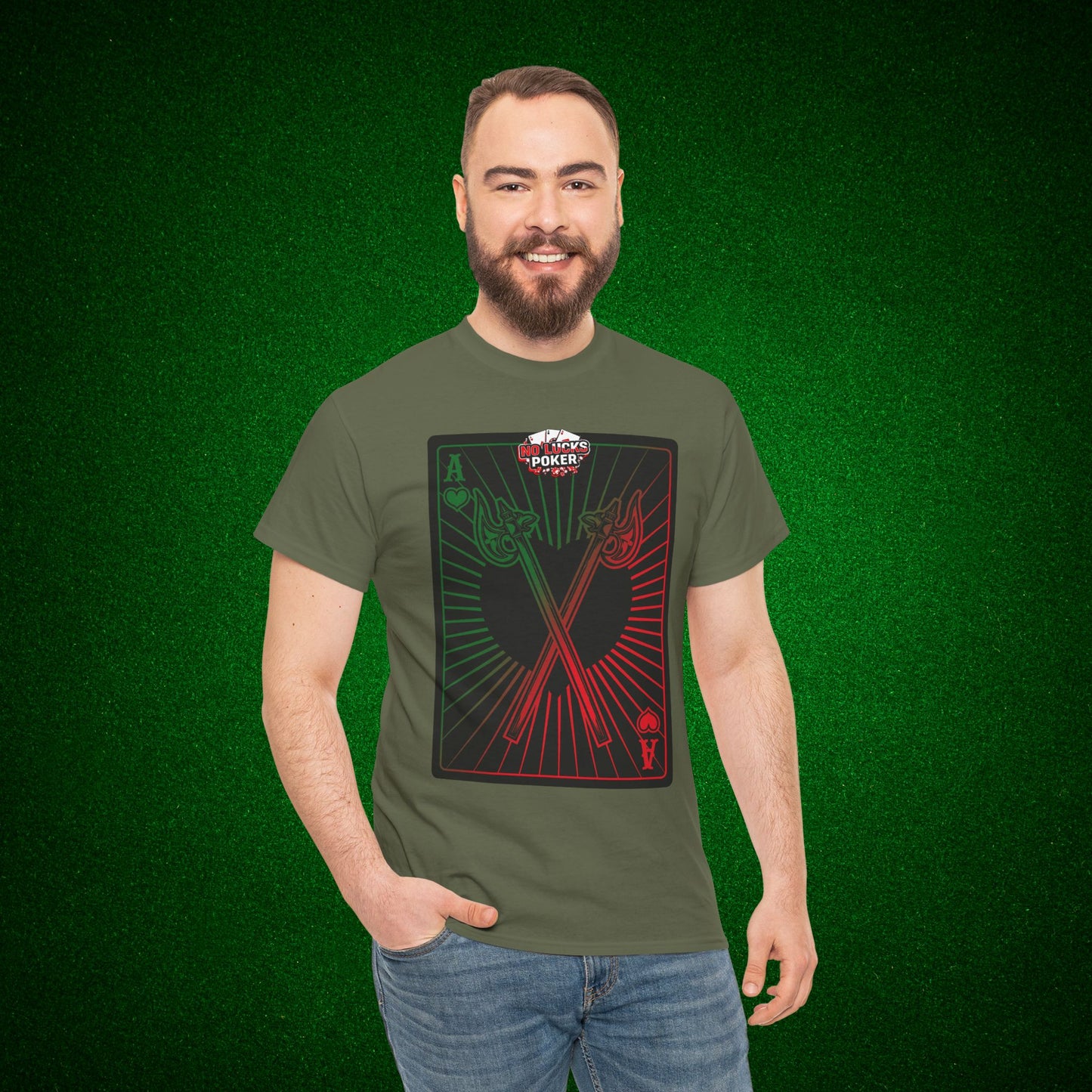 No Lucks Given Ace of Hearts card with two big axes Green Red Poker T-Shirt Must have Good Luck All-in