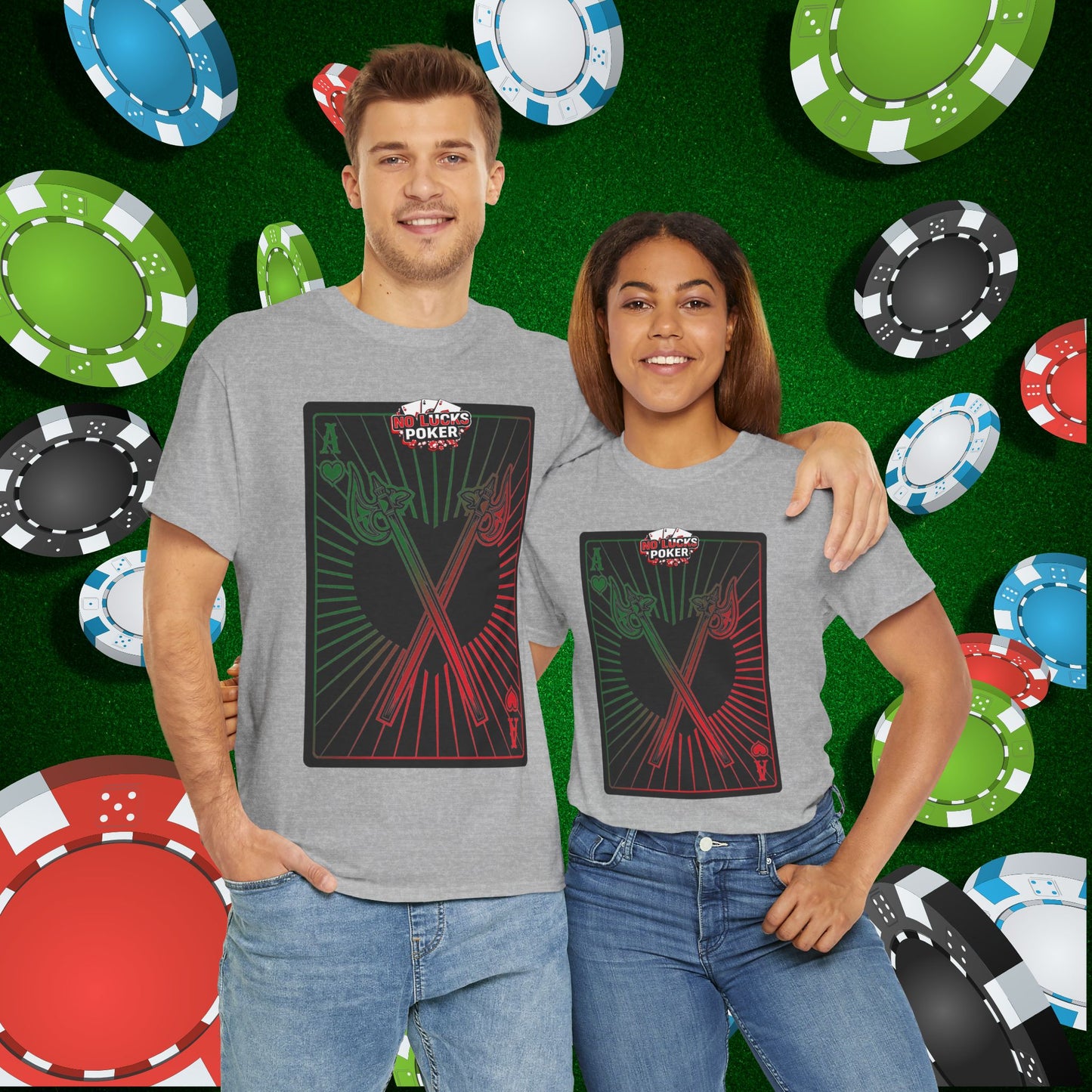 No Lucks Given Ace of Hearts card with two big axes Green Red Poker T-Shirt Must have Good Luck All-in
