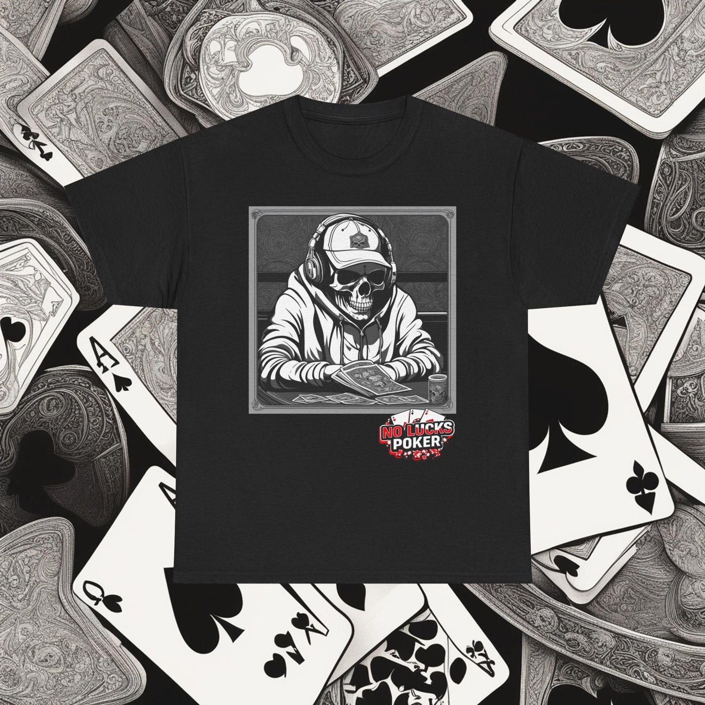 Poker Skull in hoodie and headphones unisex heavy cotton T-shirt No Lucks Given
