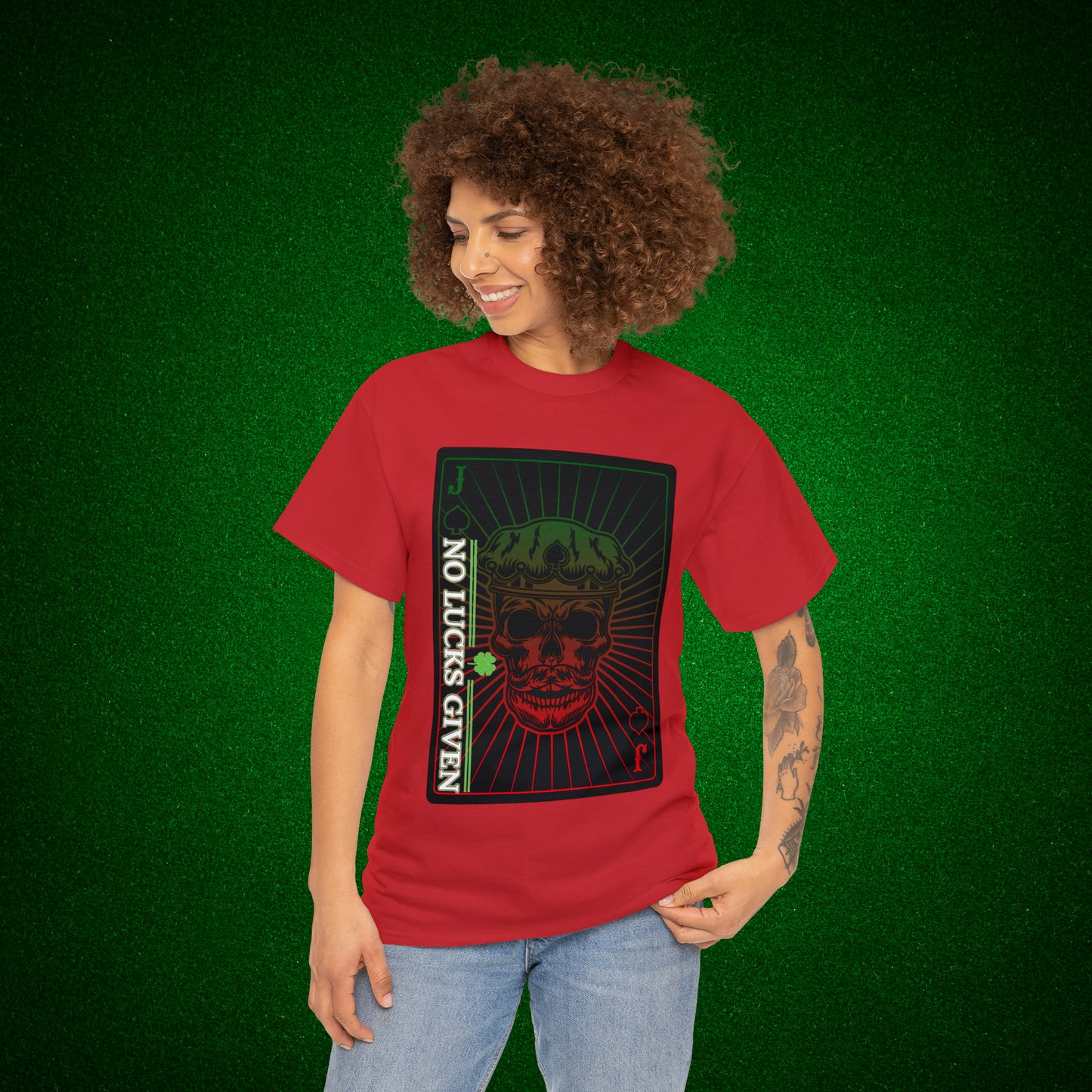 No Lucks Given Jack Skull in Crown of Spades Green Red Poker T-Shirt Must have Good Luck All-in