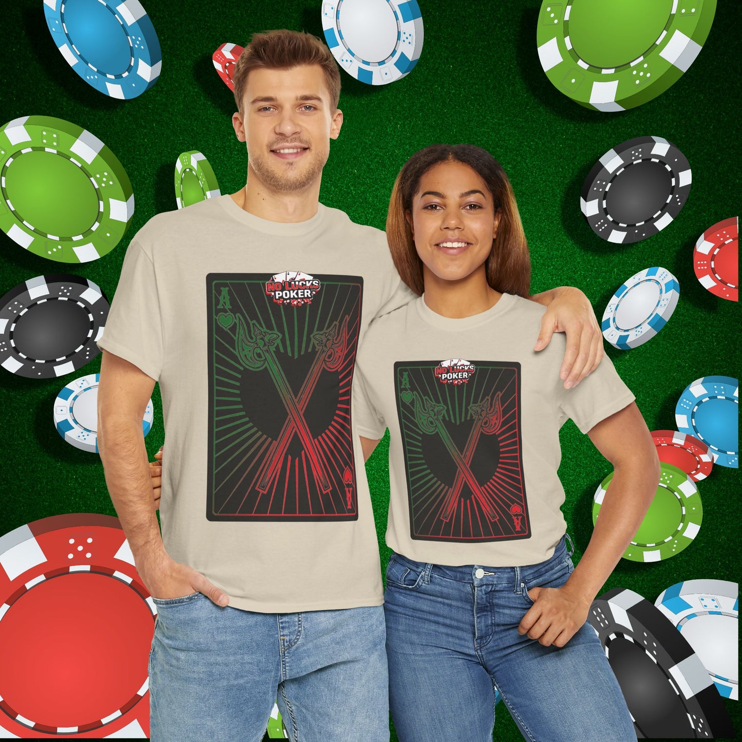 No Lucks Given Ace of Hearts card with two big axes Green Red Poker T-Shirt Must have Good Luck All-in