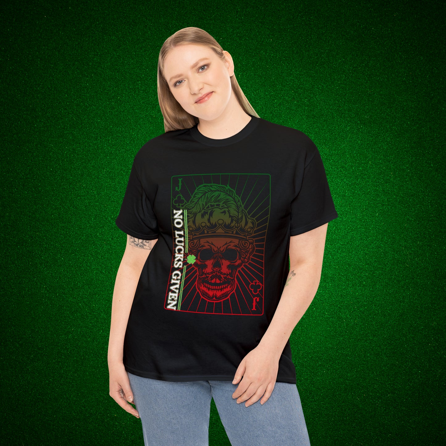 No Lucks Given Jack Skull in Crown of Clubs Green Red Poker T-Shirt Must have Good Luck All-in