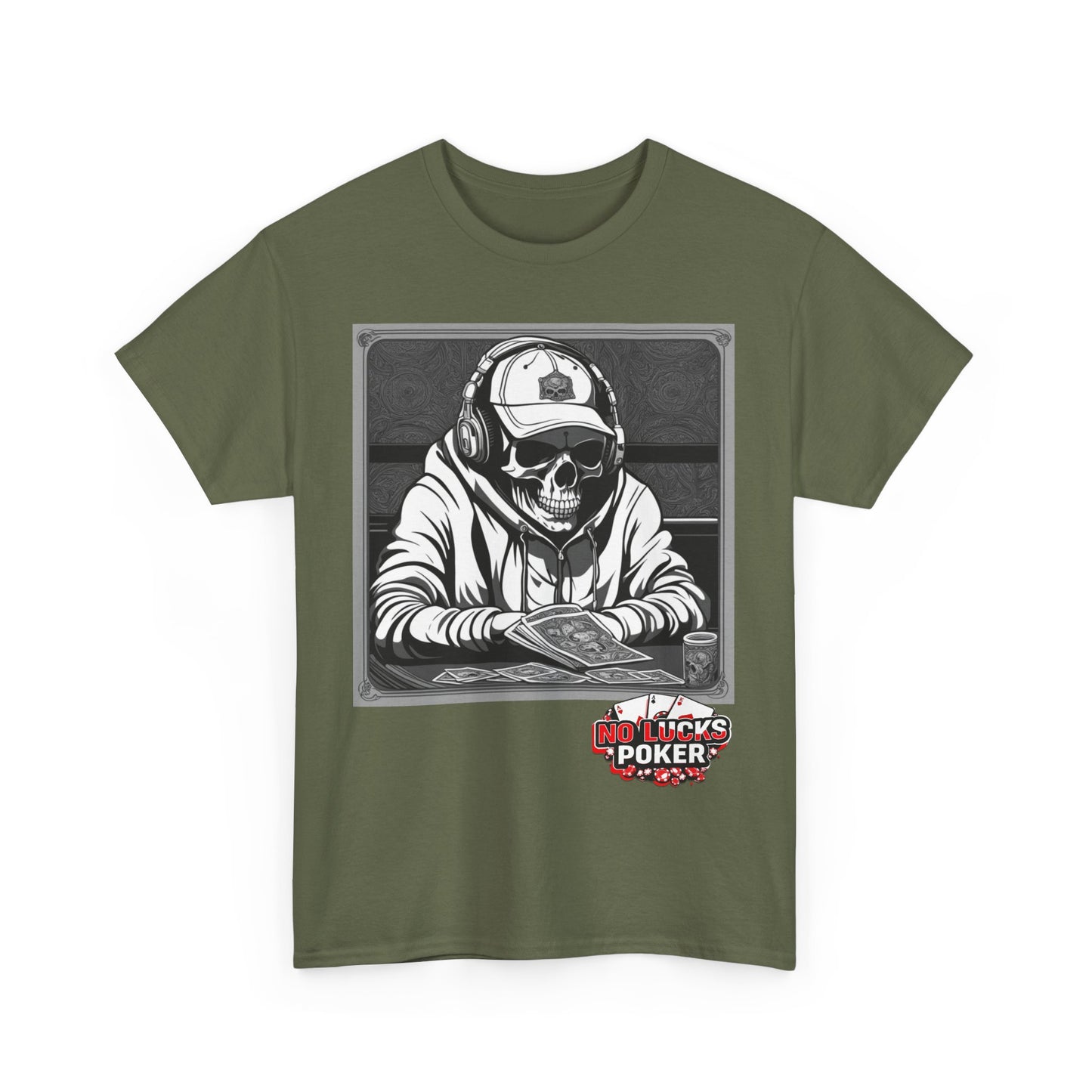 Poker Skull in hoodie and headphones unisex heavy cotton T-shirt No Lucks Given