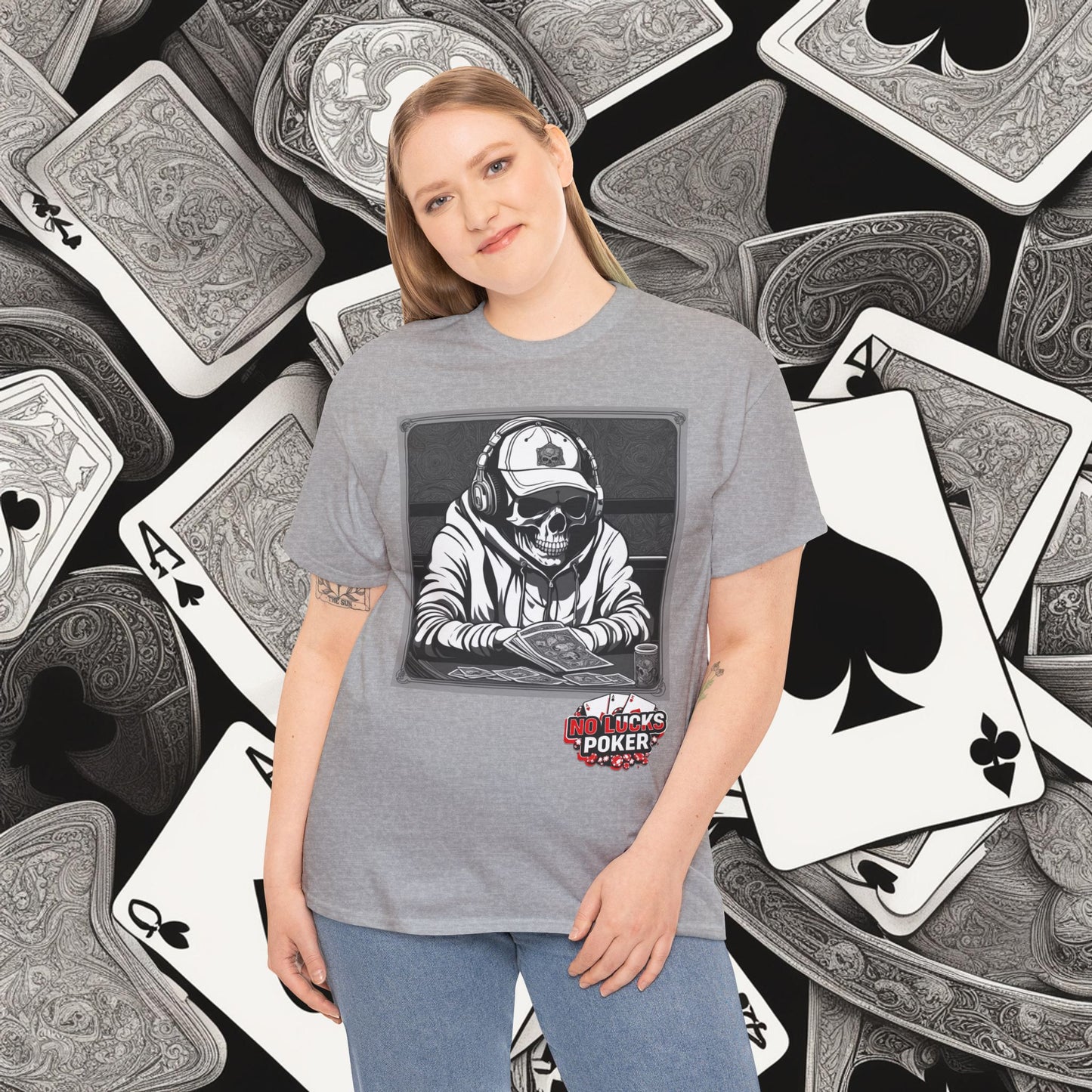 Poker Skull in hoodie and headphones unisex heavy cotton T-shirt No Lucks Given
