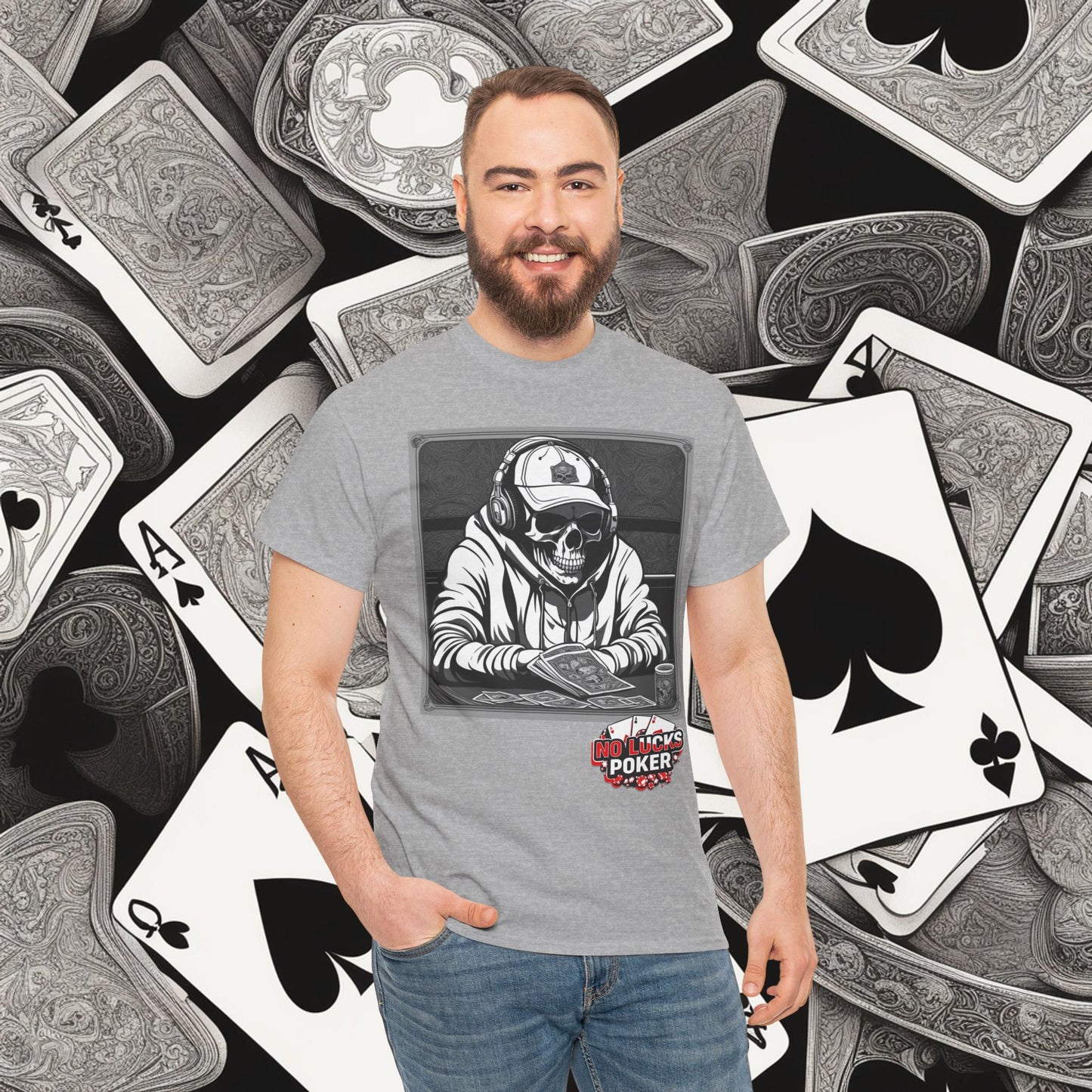 Poker Skull in hoodie and headphones unisex heavy cotton T-shirt No Lucks Given