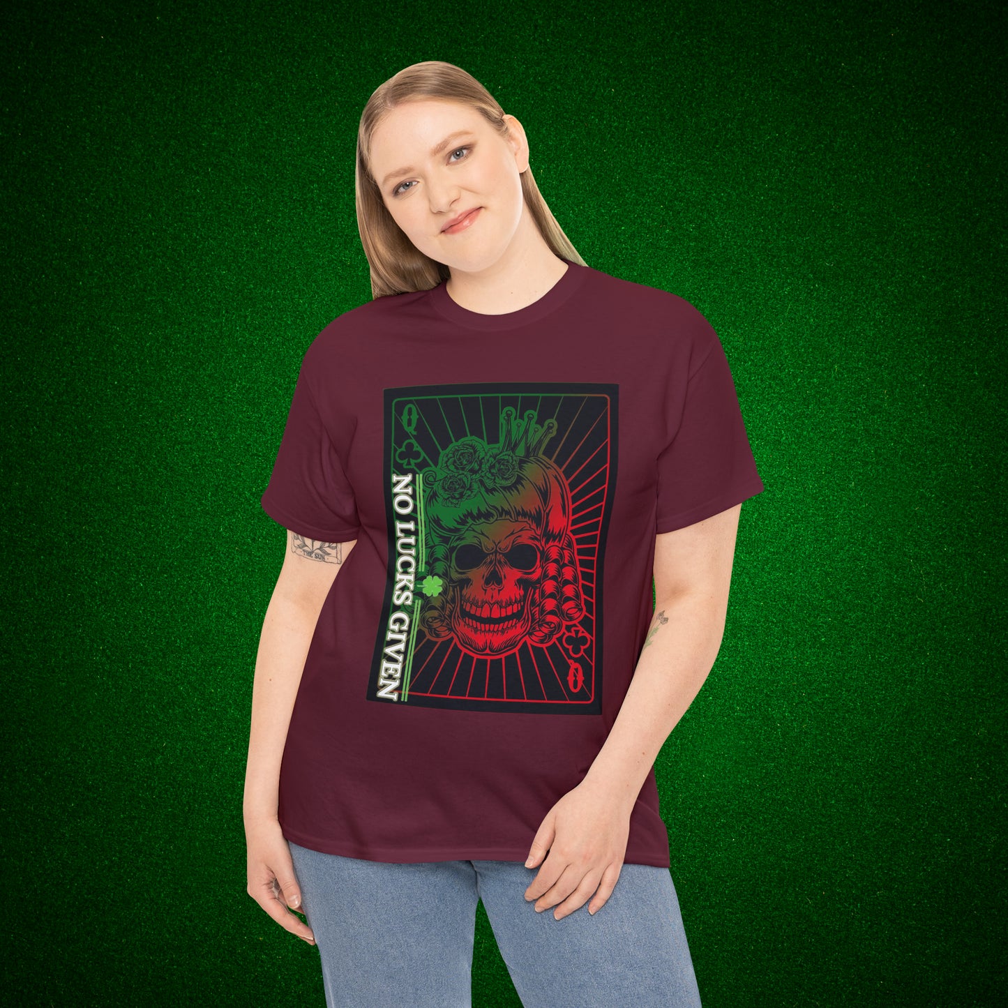 No Lucks Given Angry Queen of Clubs Green Red Poker T-Shirt Must have Good Luck All-in