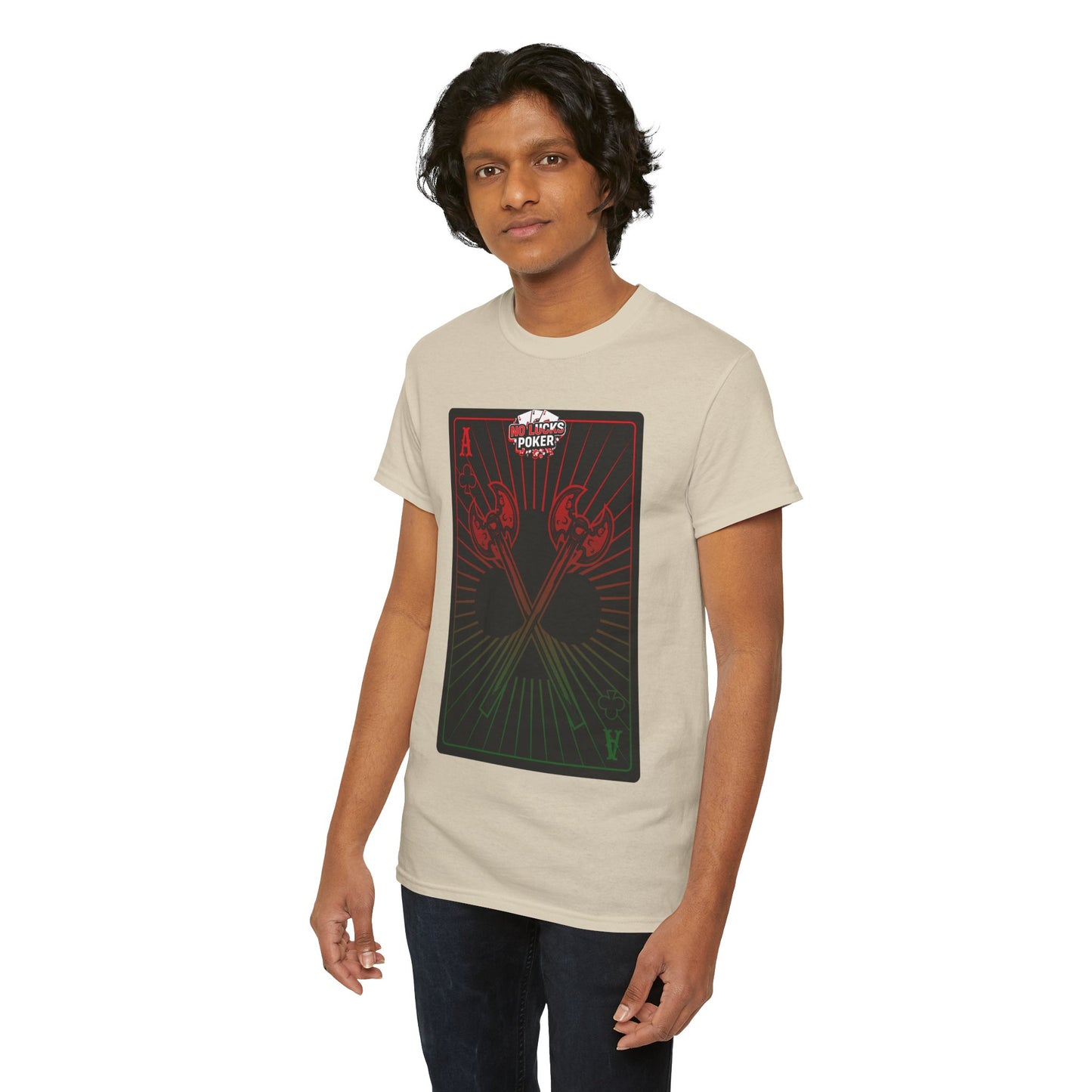 No Lucks Given Ace of Clubs card with two big axes Red Green Poker T-Shirt Must have Good Luck All-in