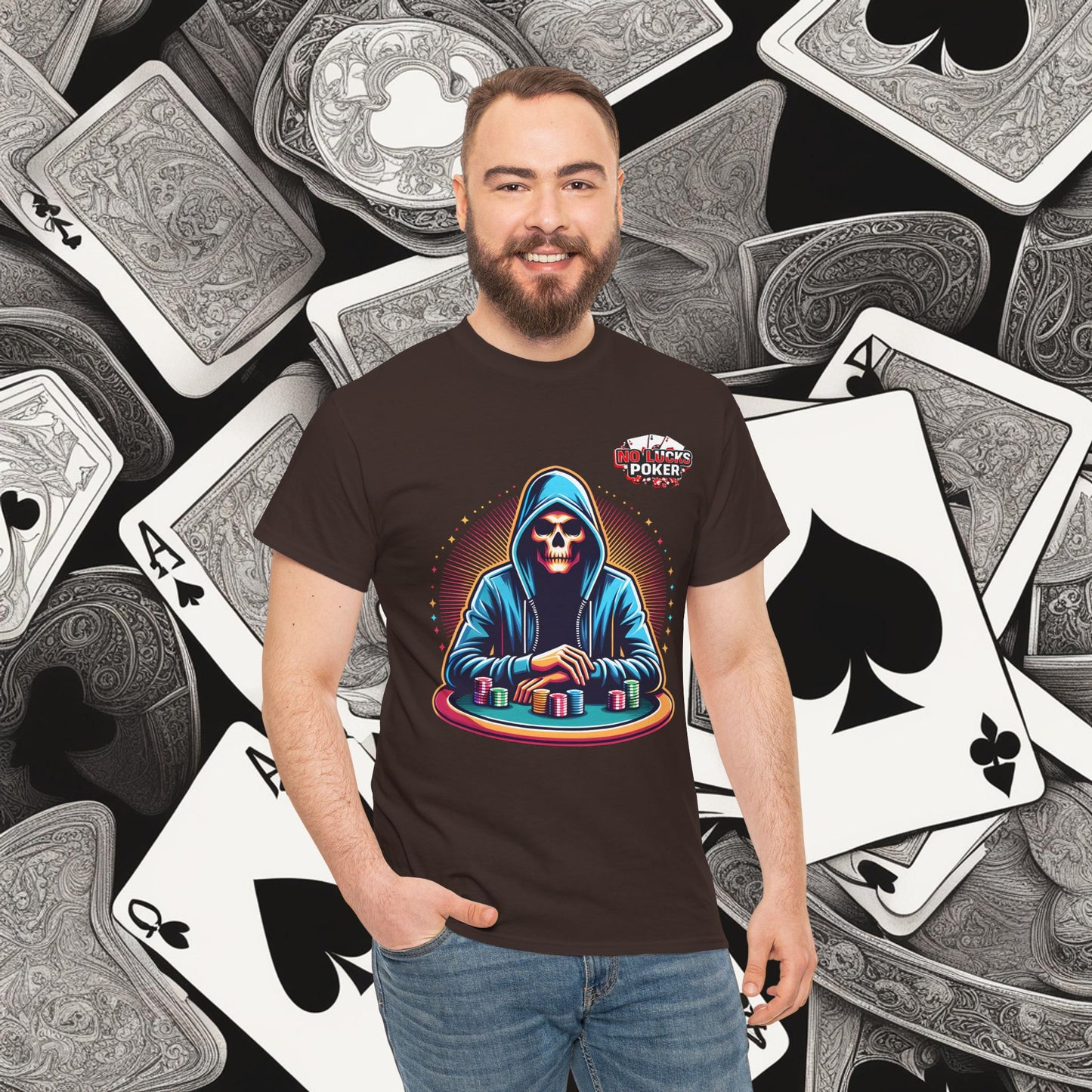 Poker Player with Skull at Poker Table 0 Lucks Given Unisex heavy cotton tee Poker Apparel