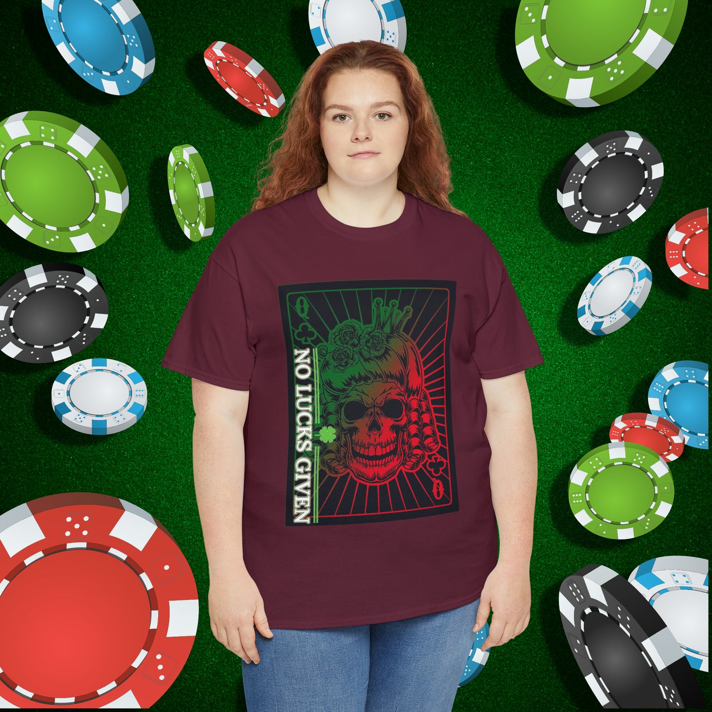 No Lucks Given Angry Queen of Clubs Green Red Poker T-Shirt Must have Good Luck All-in