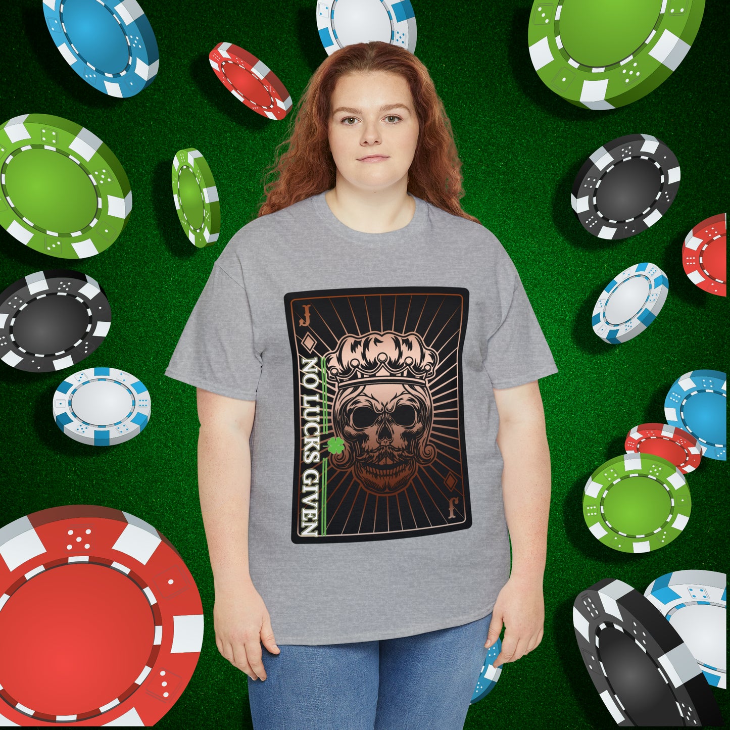 No Lucks Given Jack Skull in Crown of Diamonds Copper Poker T-Shirt Must have Good Luck All-in