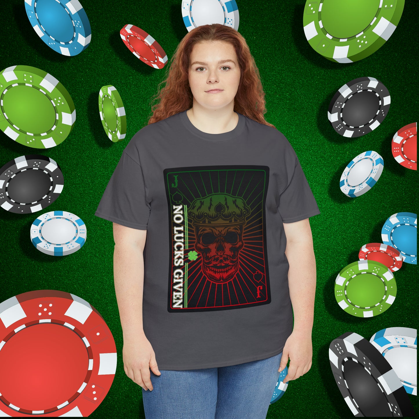 No Lucks Given Jack Skull in Crown of Spades Green Red Poker T-Shirt Must have Good Luck All-in
