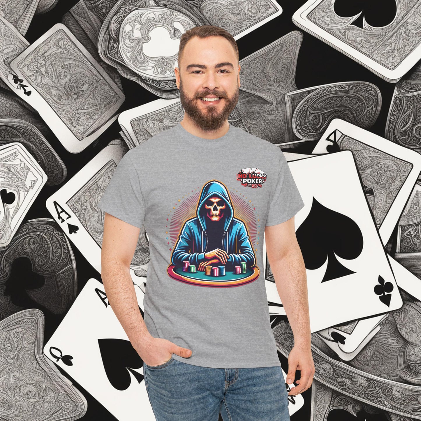 Poker Player with Skull at Poker Table 0 Lucks Given Unisex heavy cotton tee Poker Apparel