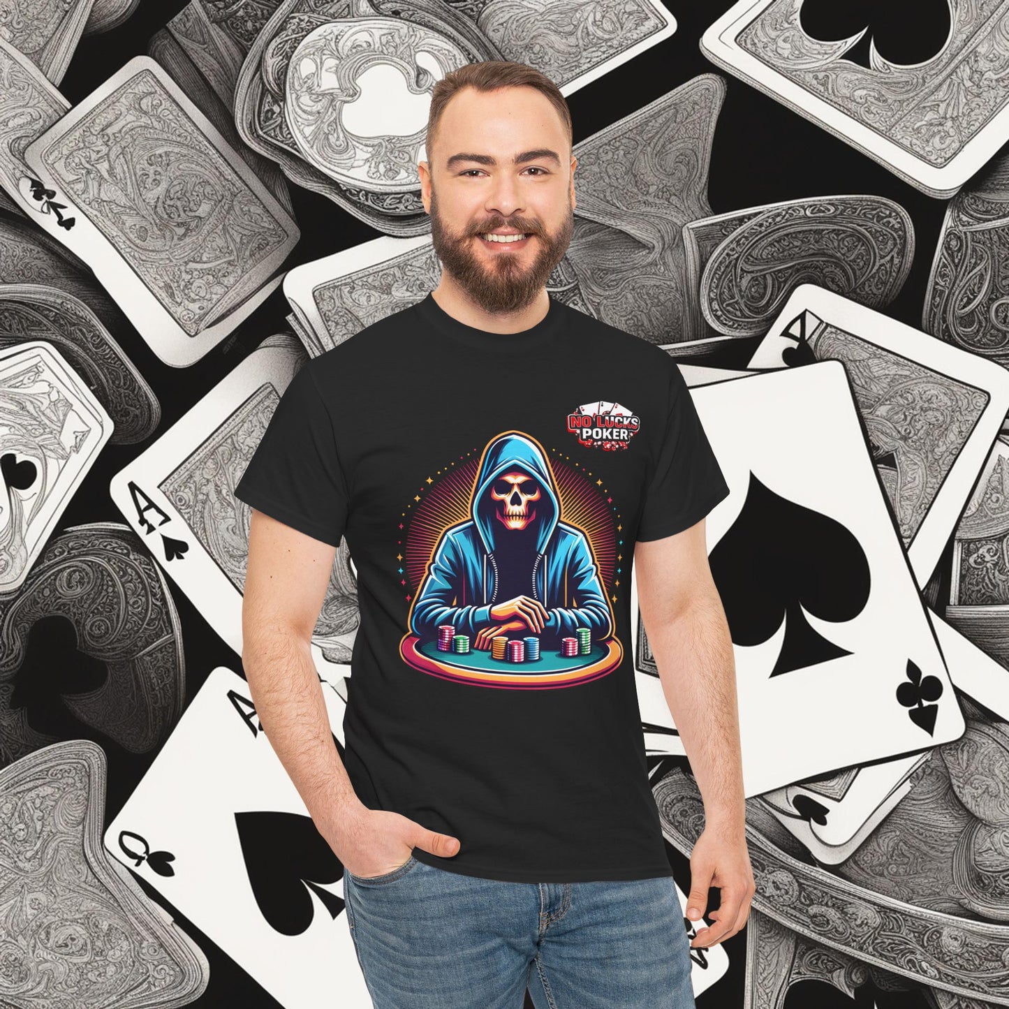 Poker Player with Skull at Poker Table 0 Lucks Given Unisex heavy cotton tee Poker Apparel