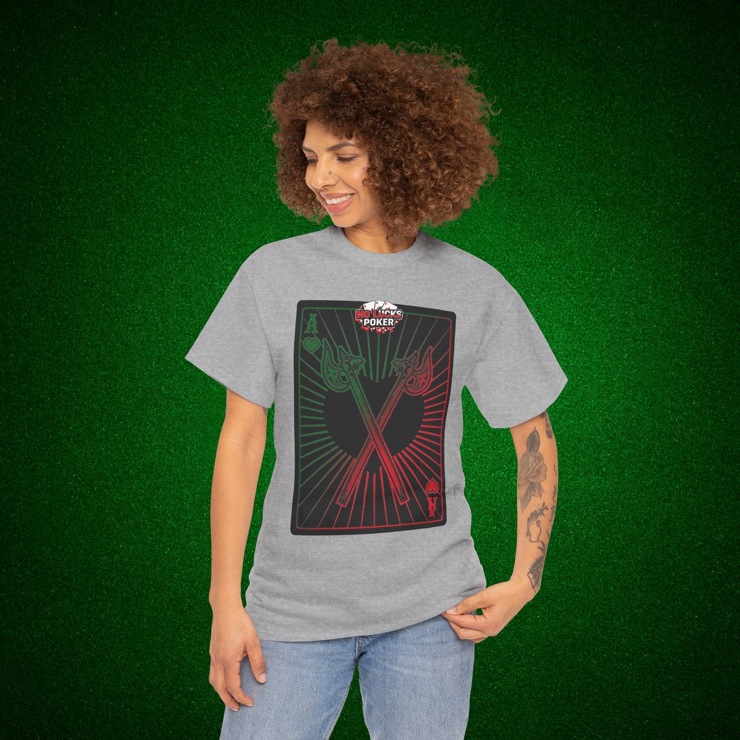No Lucks Given Ace of Hearts card with two big axes Green Red Poker T-Shirt Must have Good Luck All-in