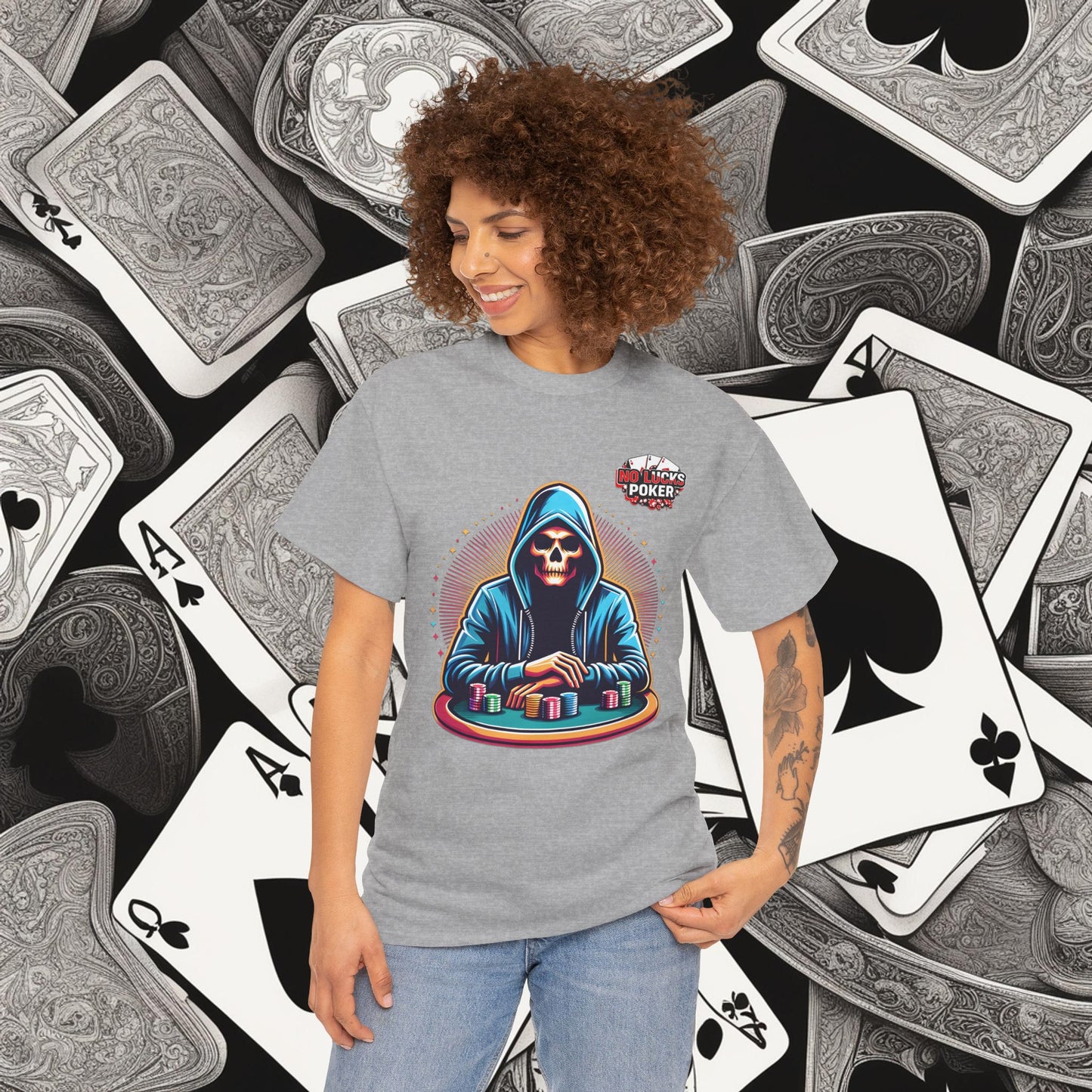 Poker Player with Skull at Poker Table 0 Lucks Given Unisex heavy cotton tee Poker Apparel