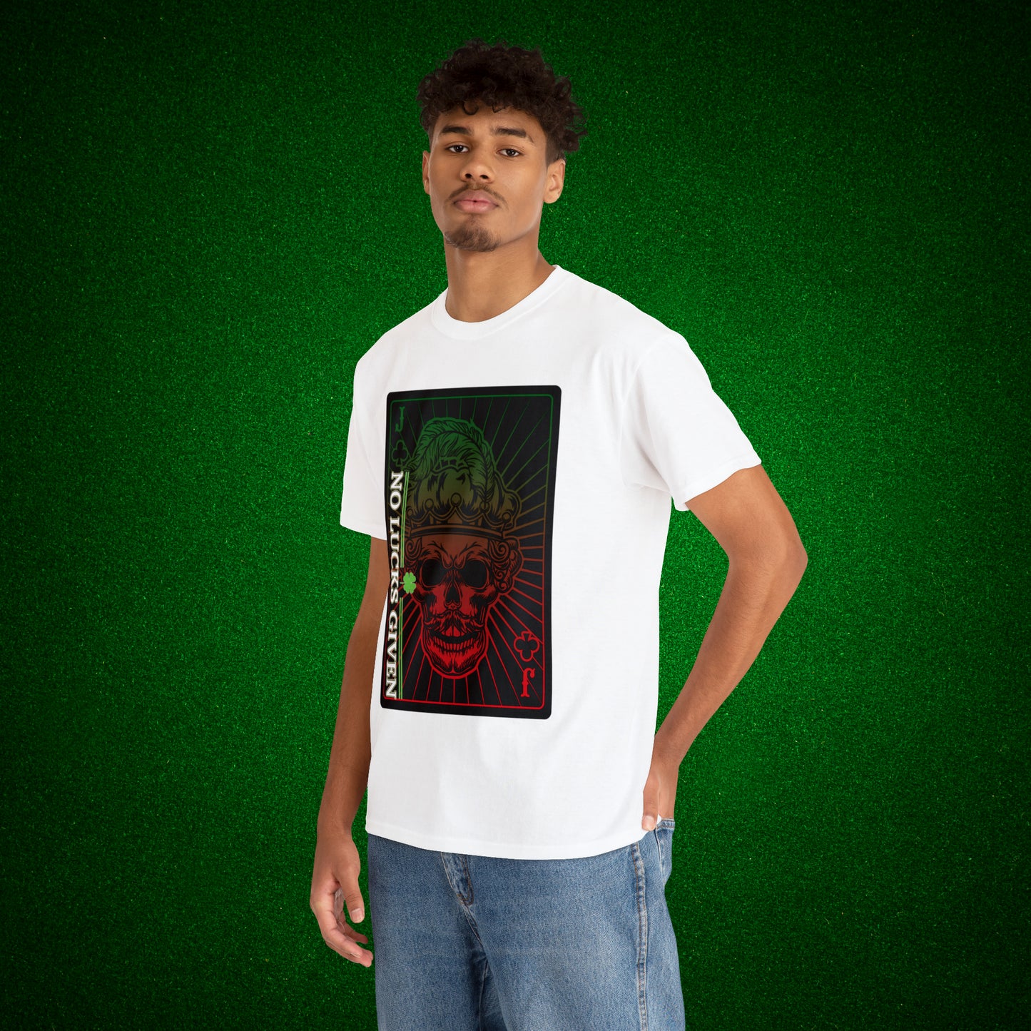 No Lucks Given Jack Skull in Crown of Clubs Green Red Poker T-Shirt Must have Good Luck All-in
