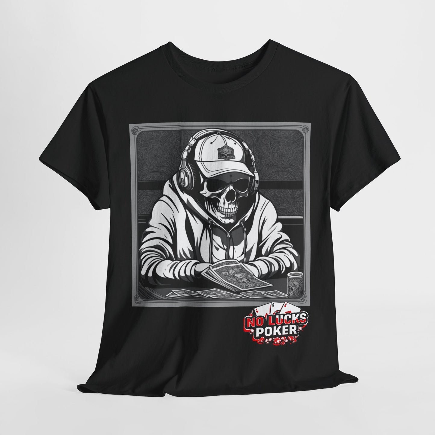 Poker Skull in hoodie and headphones unisex heavy cotton T-shirt No Lucks Given