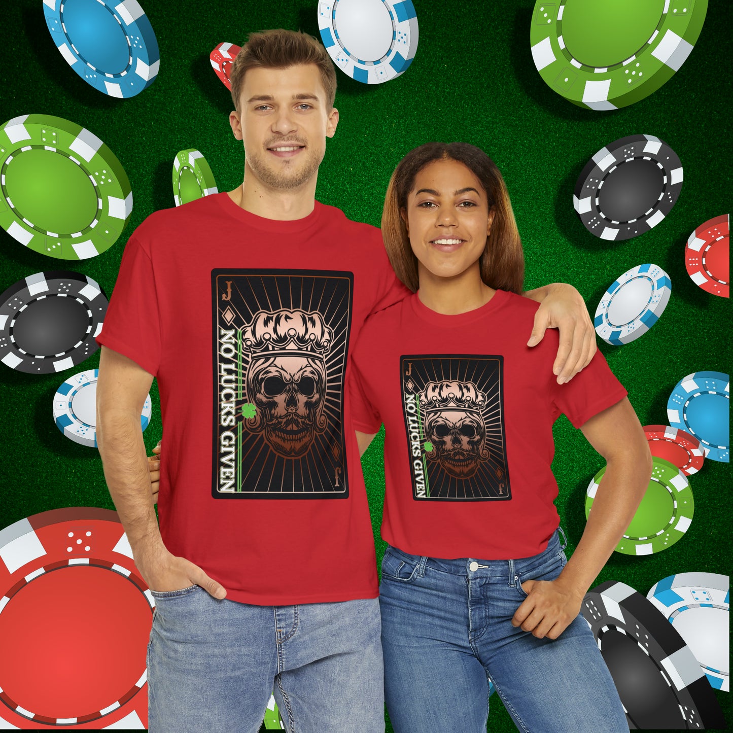 No Lucks Given Jack Skull in Crown of Diamonds Copper Poker T-Shirt Must have Good Luck All-in