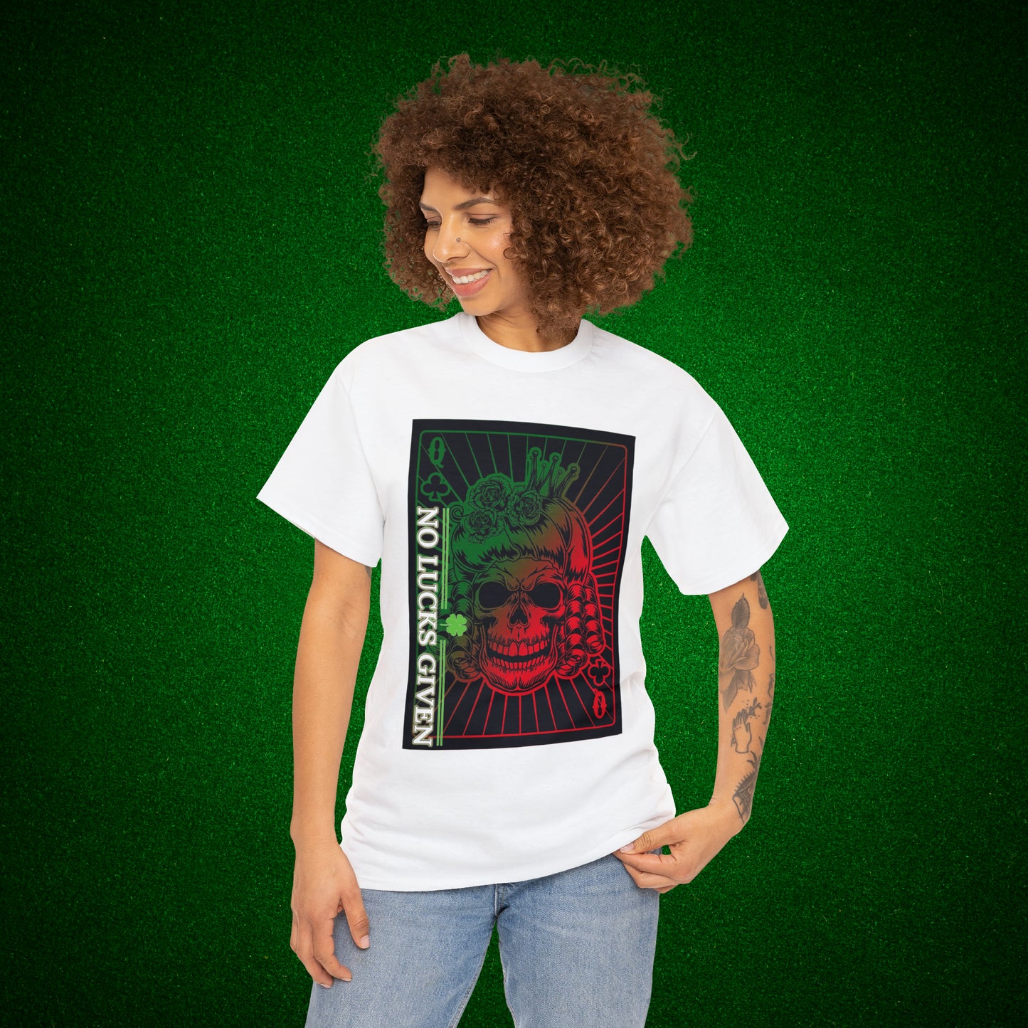 No Lucks Given Angry Queen of Clubs Green Red Poker T-Shirt Must have Good Luck All-in