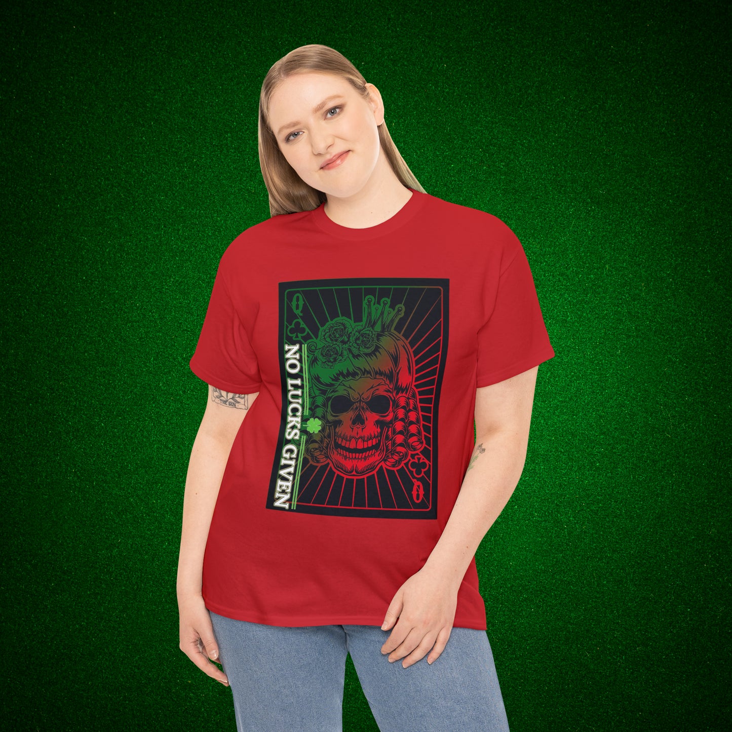 No Lucks Given Angry Queen of Clubs Green Red Poker T-Shirt Must have Good Luck All-in