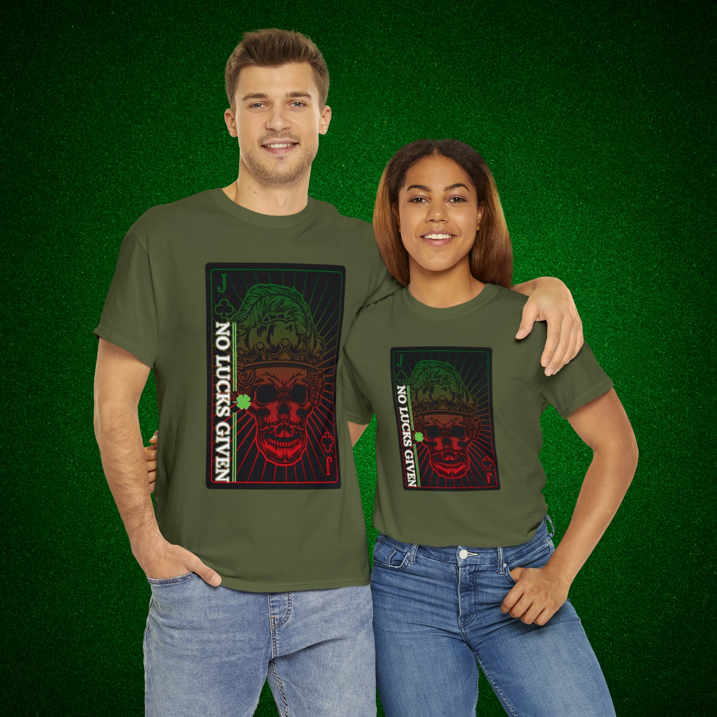 No Lucks Given Jack Skull in Crown of Clubs Green Red Poker T-Shirt Must have Good Luck All-in