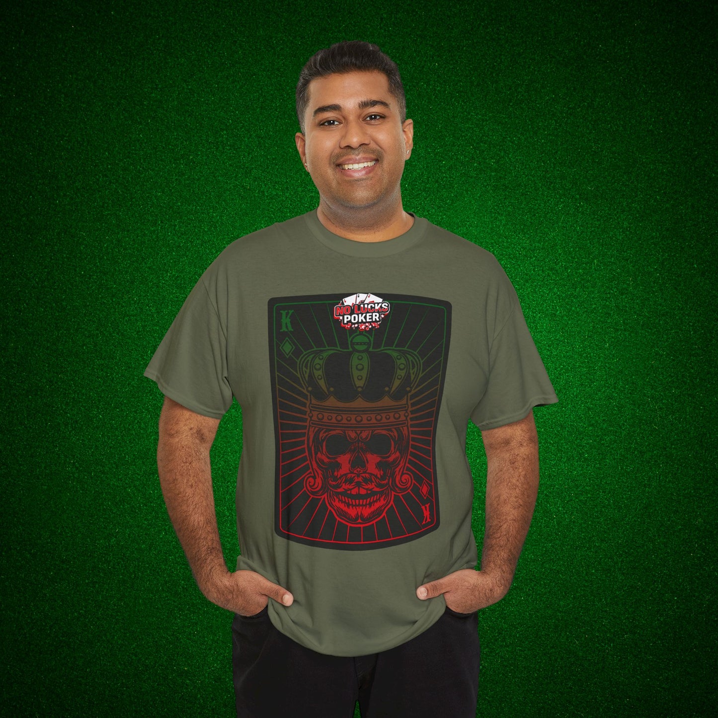 No Lucks Given Royal Skull King of Diamonds Red and Green Poker T-Shirt Must have Good Luck All-in