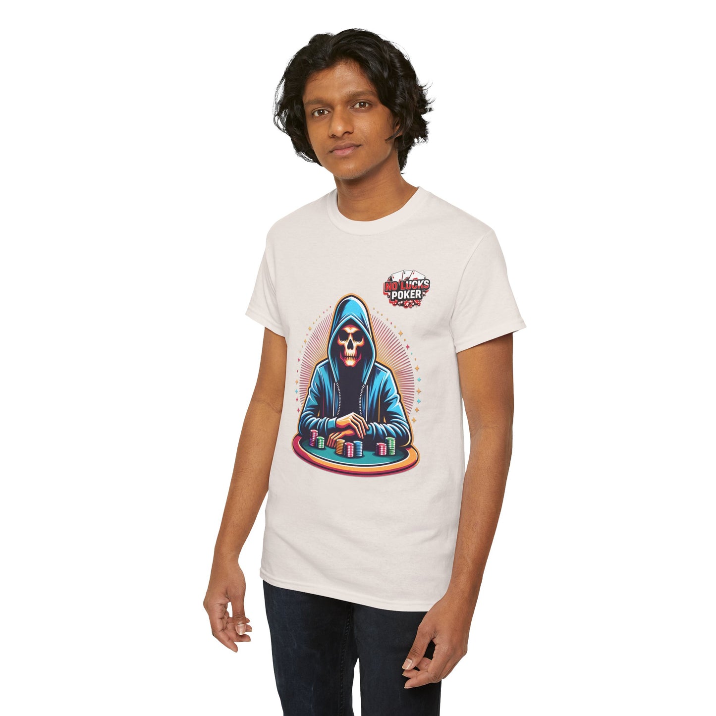 Poker Player with Skull at Poker Table 0 Lucks Given Unisex heavy cotton tee Poker Apparel