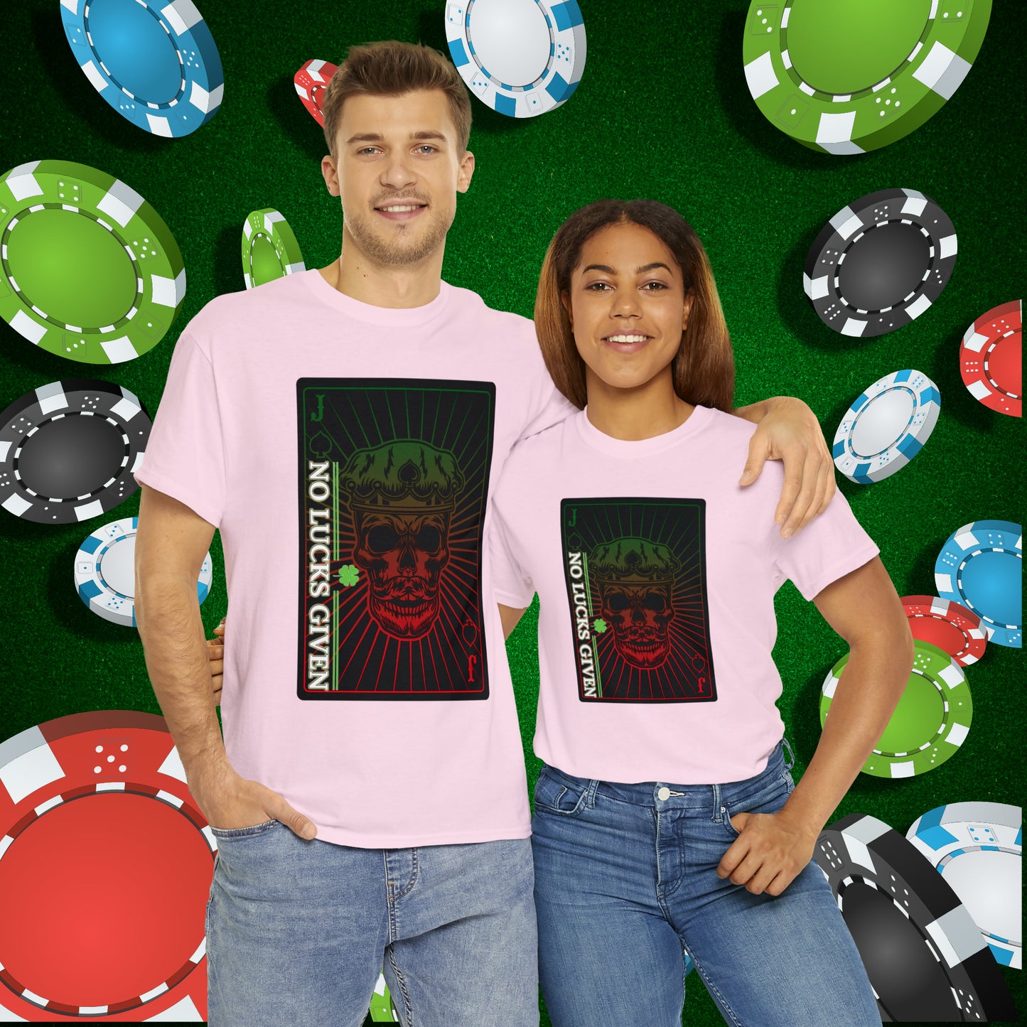 No Lucks Given Jack Skull in Crown of Spades Green Red Poker T-Shirt Must have Good Luck All-in