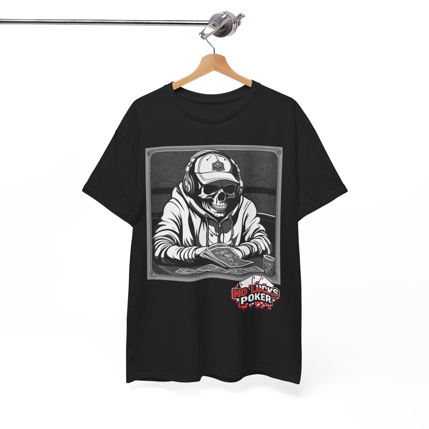 Poker Skull in hoodie and headphones unisex heavy cotton T-shirt No Lucks Given