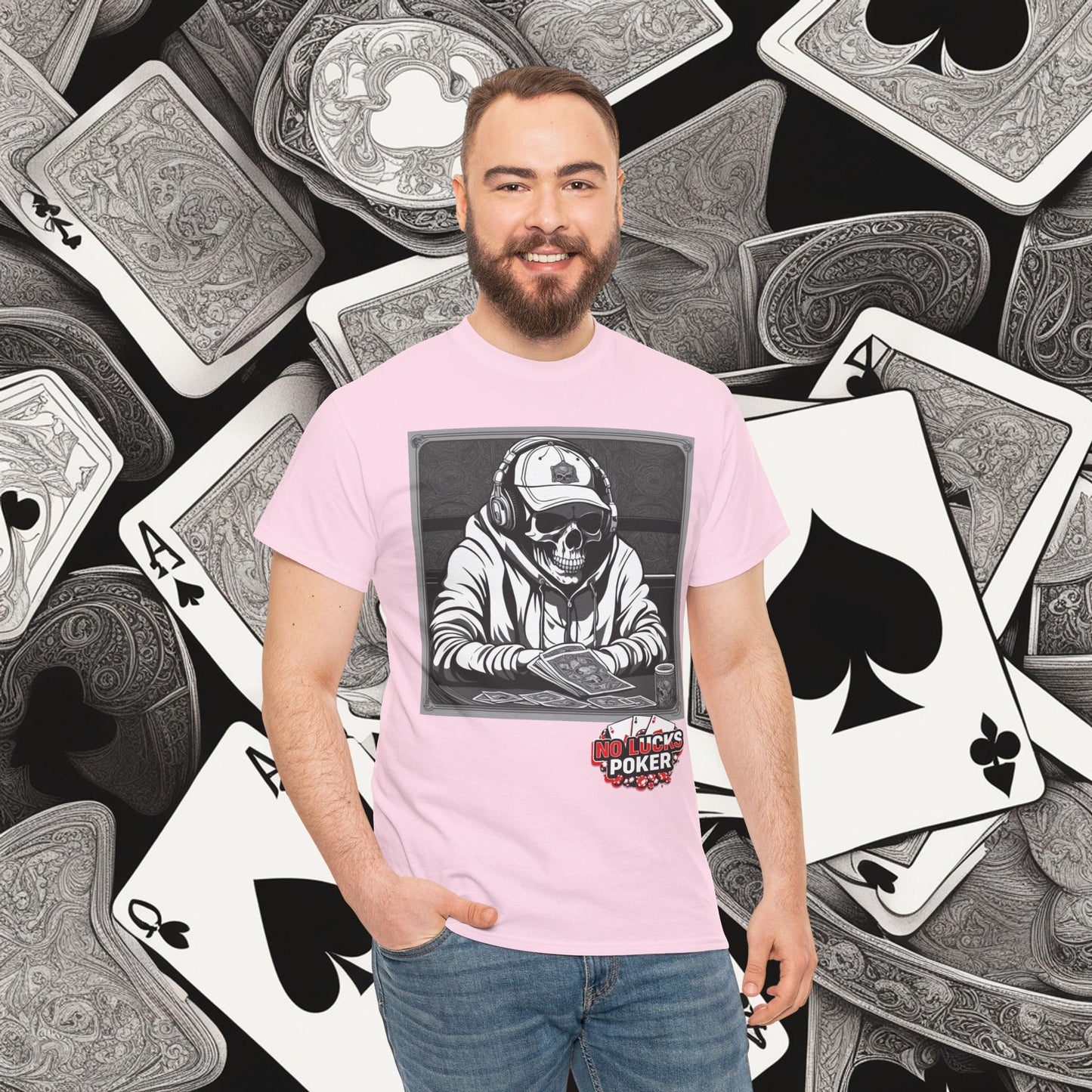 Poker Skull in hoodie and headphones unisex heavy cotton T-shirt No Lucks Given