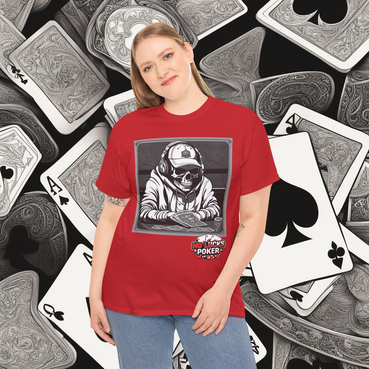 Poker Skull in hoodie and headphones unisex heavy cotton T-shirt No Lucks Given