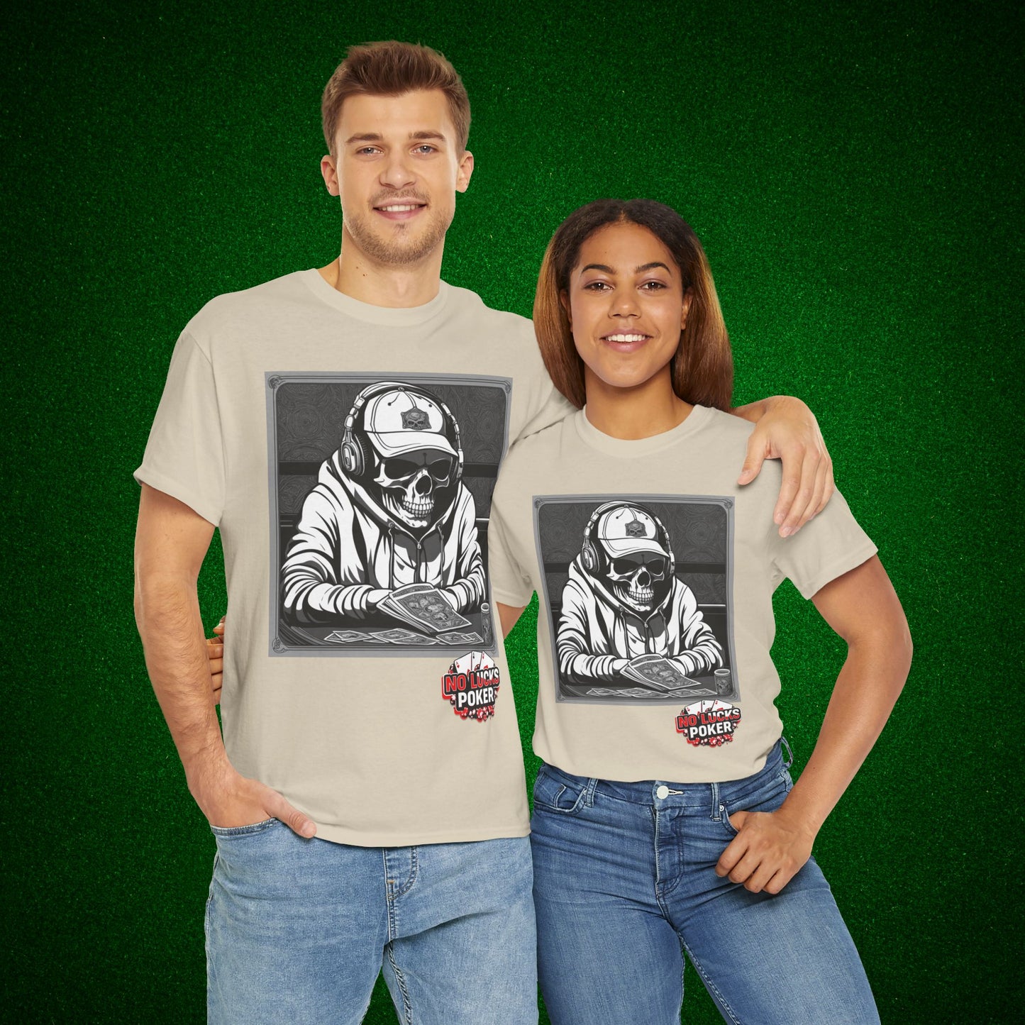 Poker Skull in hoodie and headphones unisex heavy cotton T-shirt No Lucks Given