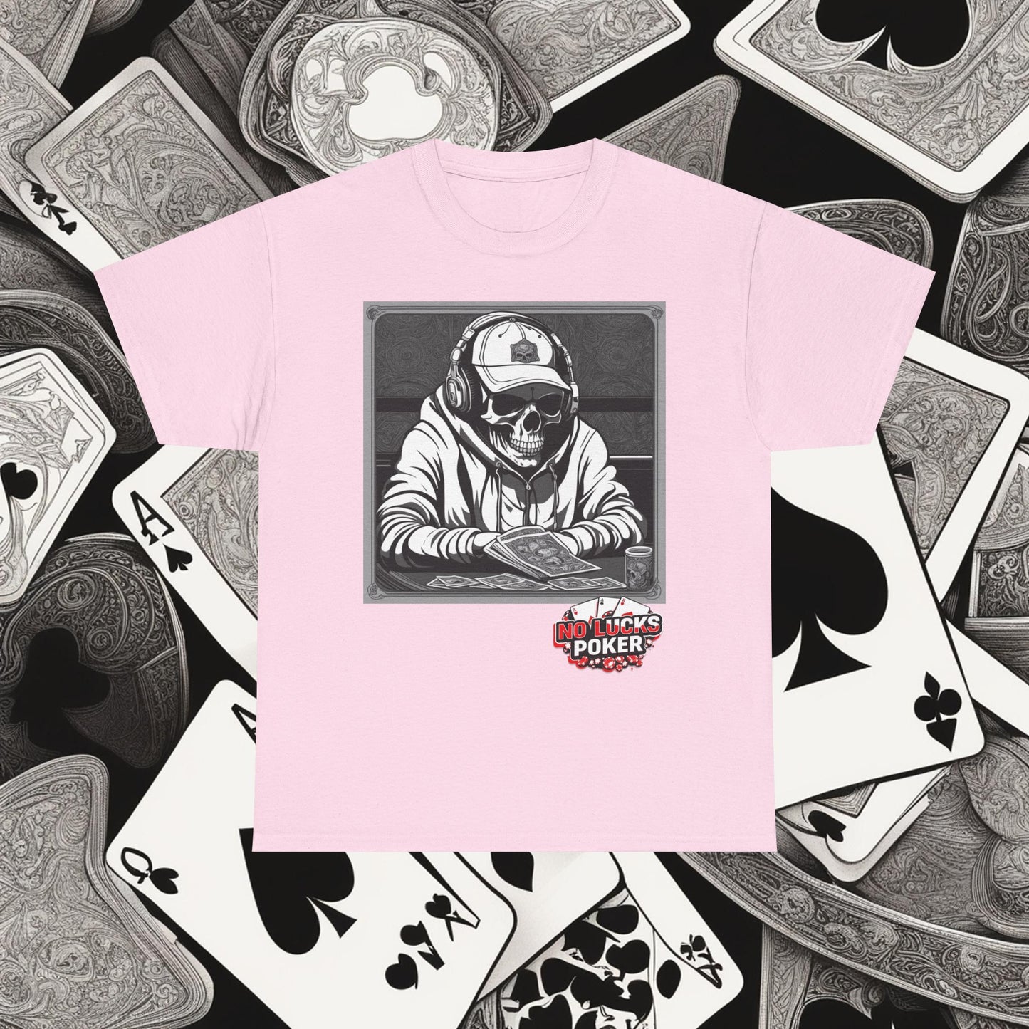 Poker Skull in hoodie and headphones unisex heavy cotton T-shirt No Lucks Given