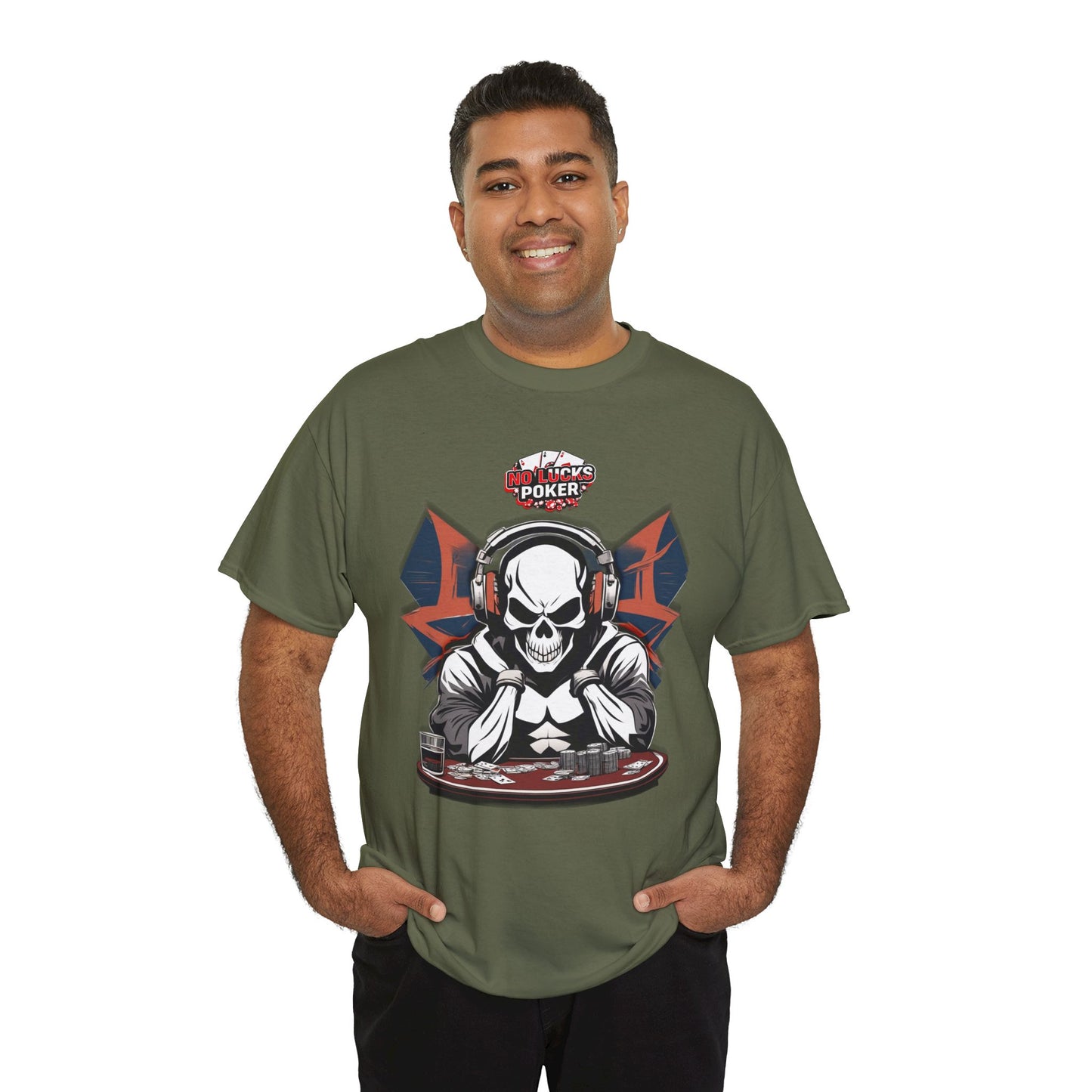 No Lucks Given – Hero/Villain Poker Skull Tee (Headphones Edition)