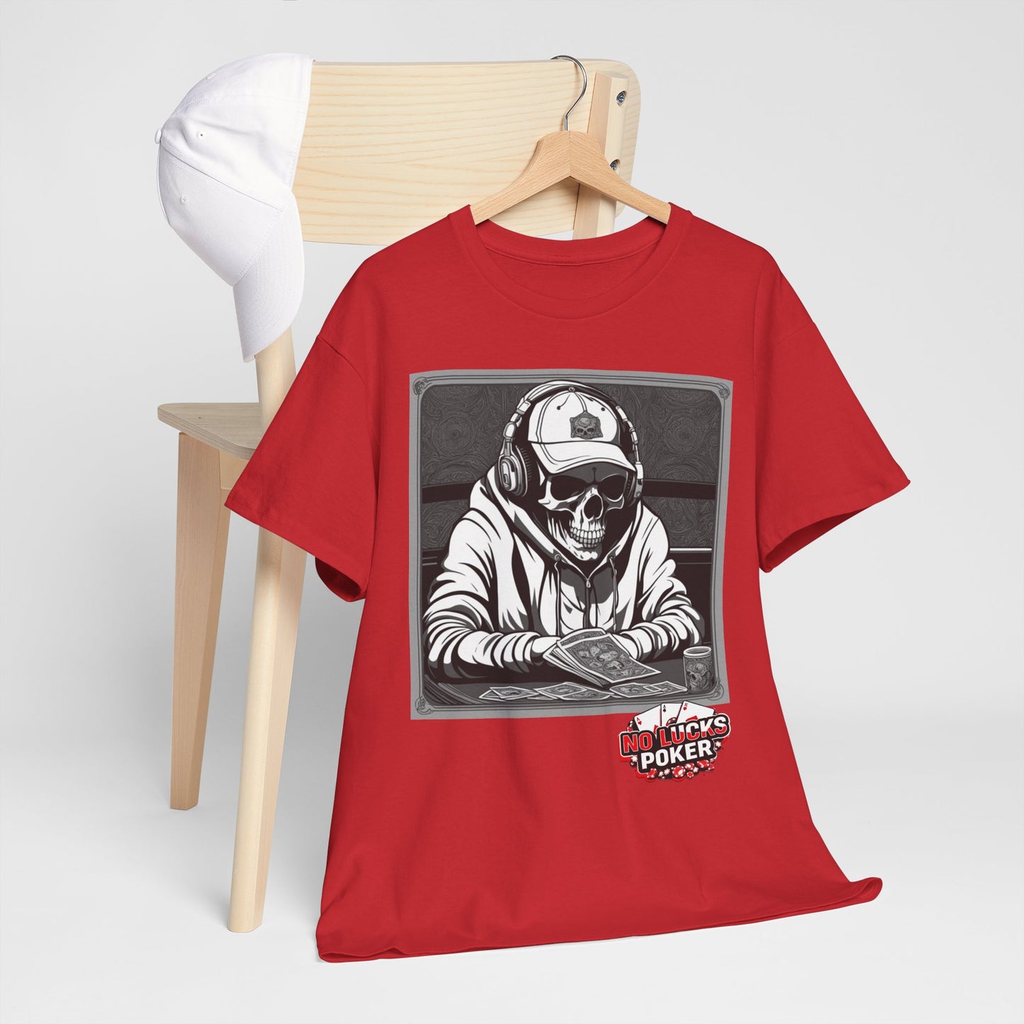 Poker Skull in hoodie and headphones unisex heavy cotton T-shirt No Lucks Given