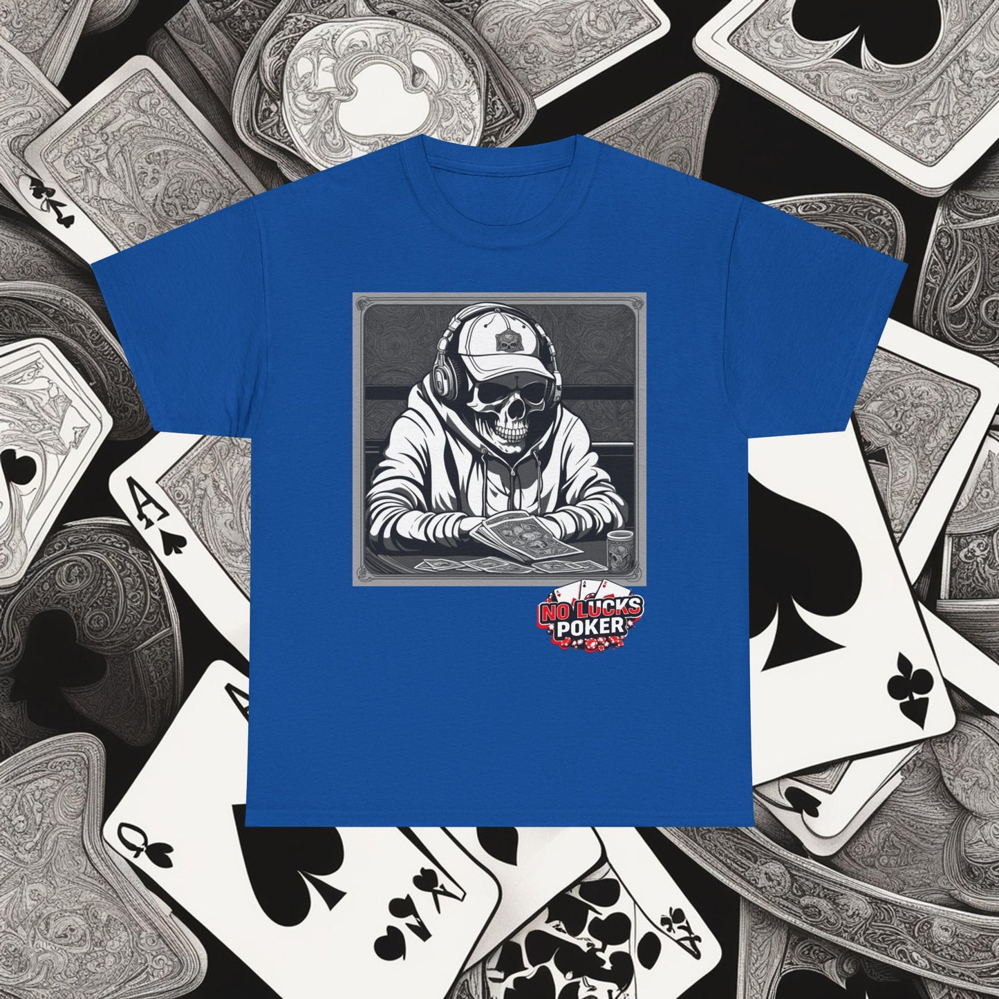 Poker Skull in hoodie and headphones unisex heavy cotton T-shirt No Lucks Given