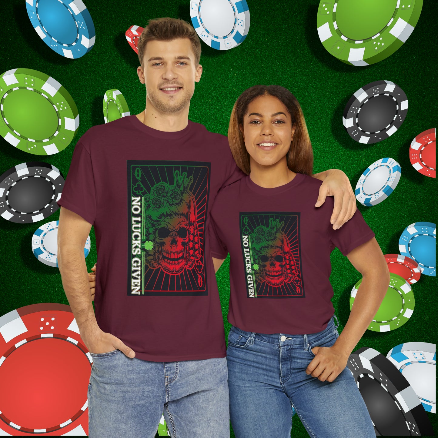 No Lucks Given Angry Queen of Clubs Green Red Poker T-Shirt Must have Good Luck All-in