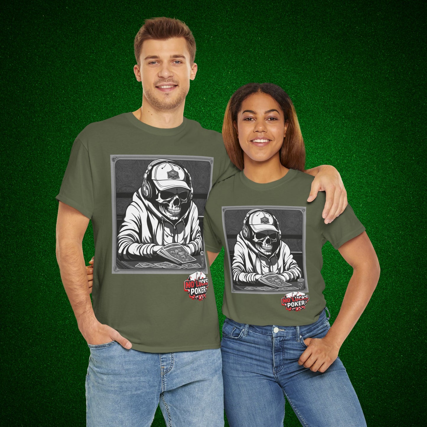 Poker Skull in hoodie and headphones unisex heavy cotton T-shirt No Lucks Given