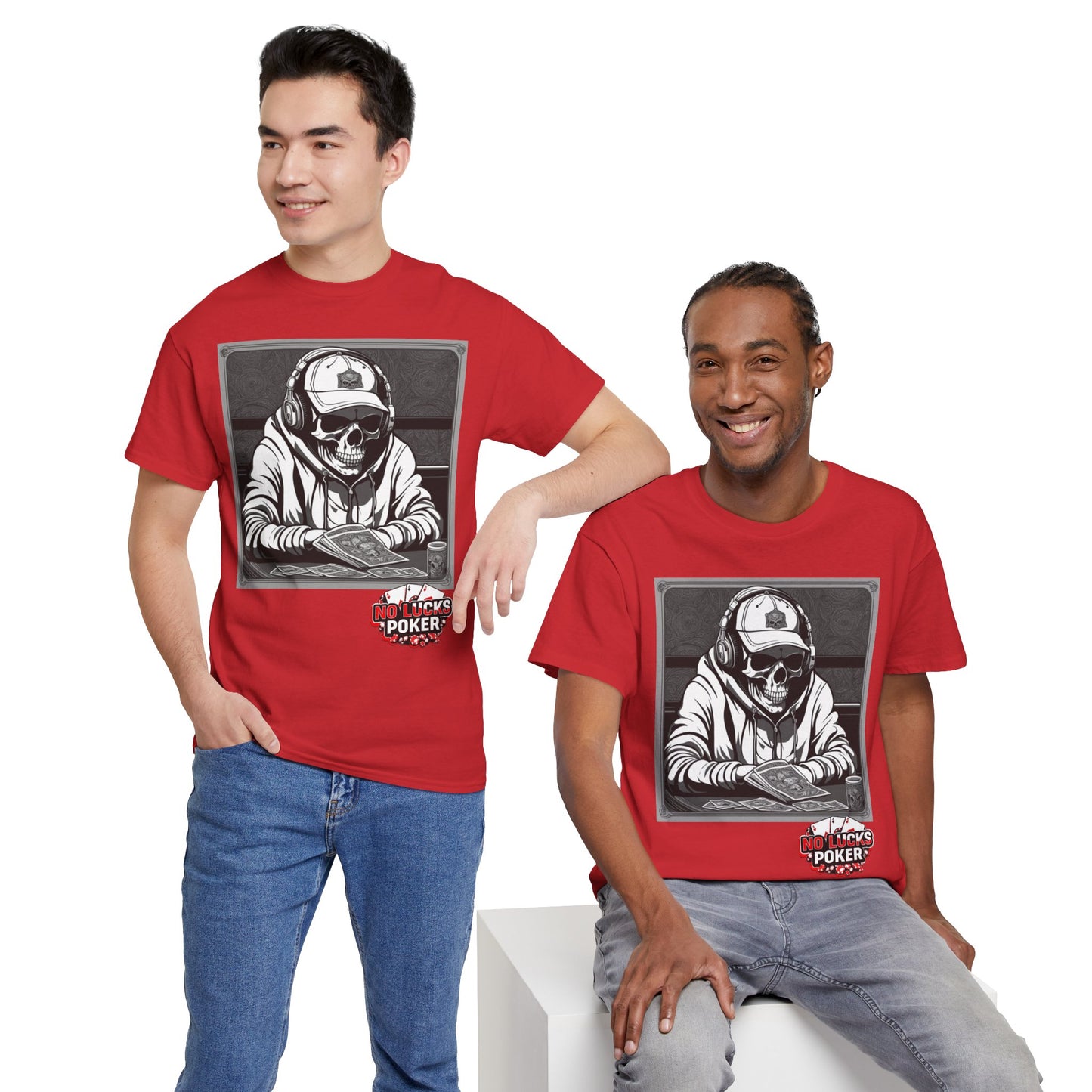 Poker Skull in hoodie and headphones unisex heavy cotton T-shirt No Lucks Given