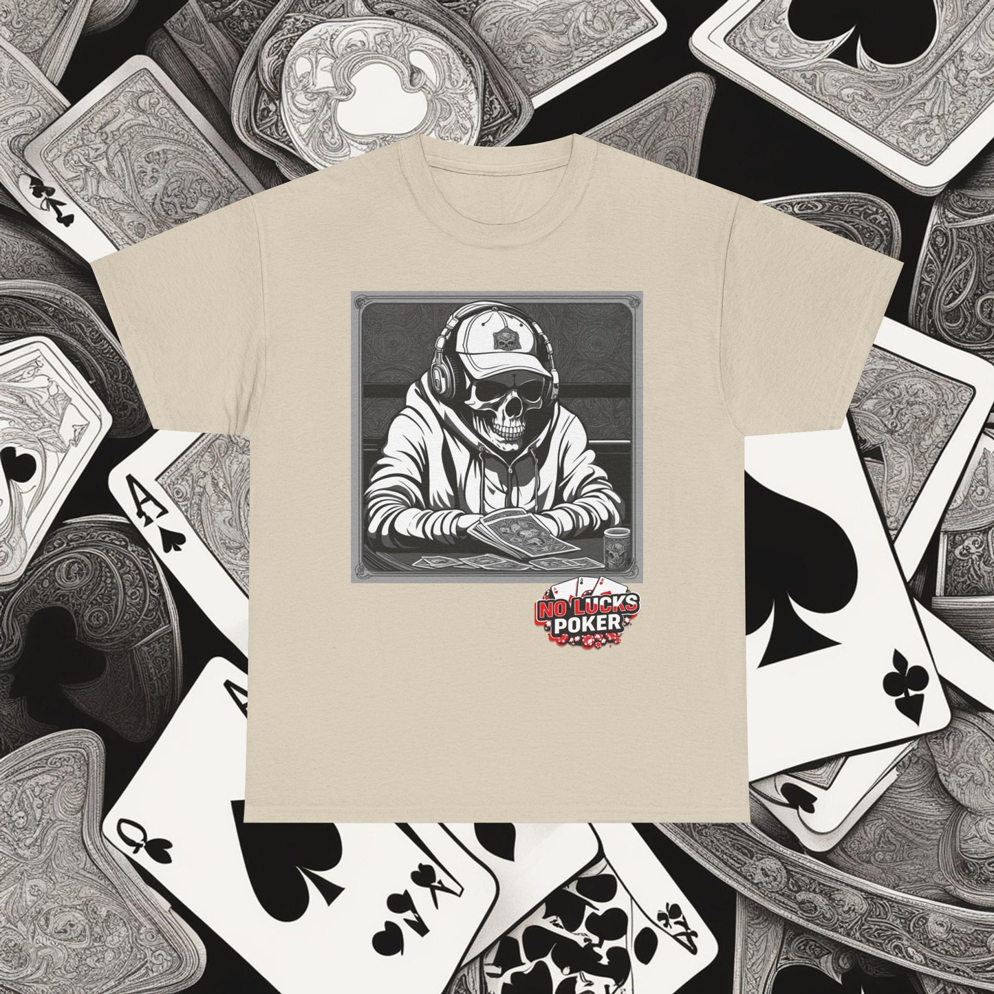 Poker Skull in hoodie and headphones unisex heavy cotton T-shirt No Lucks Given