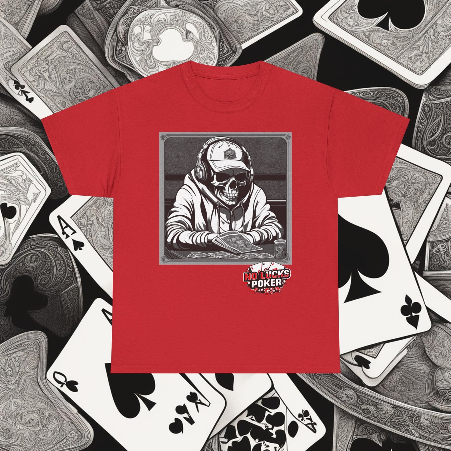 Poker Skull in hoodie and headphones unisex heavy cotton T-shirt No Lucks Given