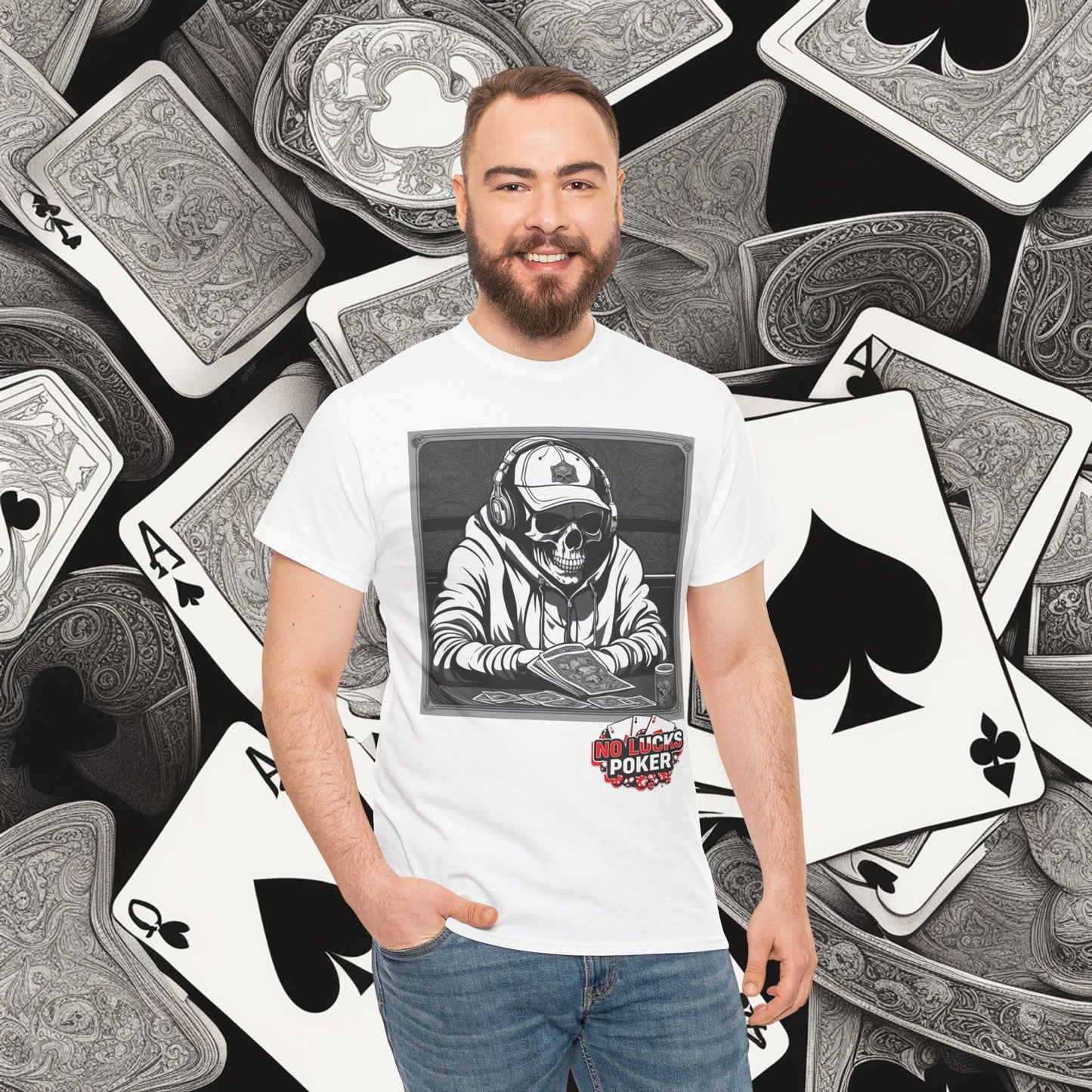 Poker Skull in hoodie and headphones unisex heavy cotton T-shirt No Lucks Given