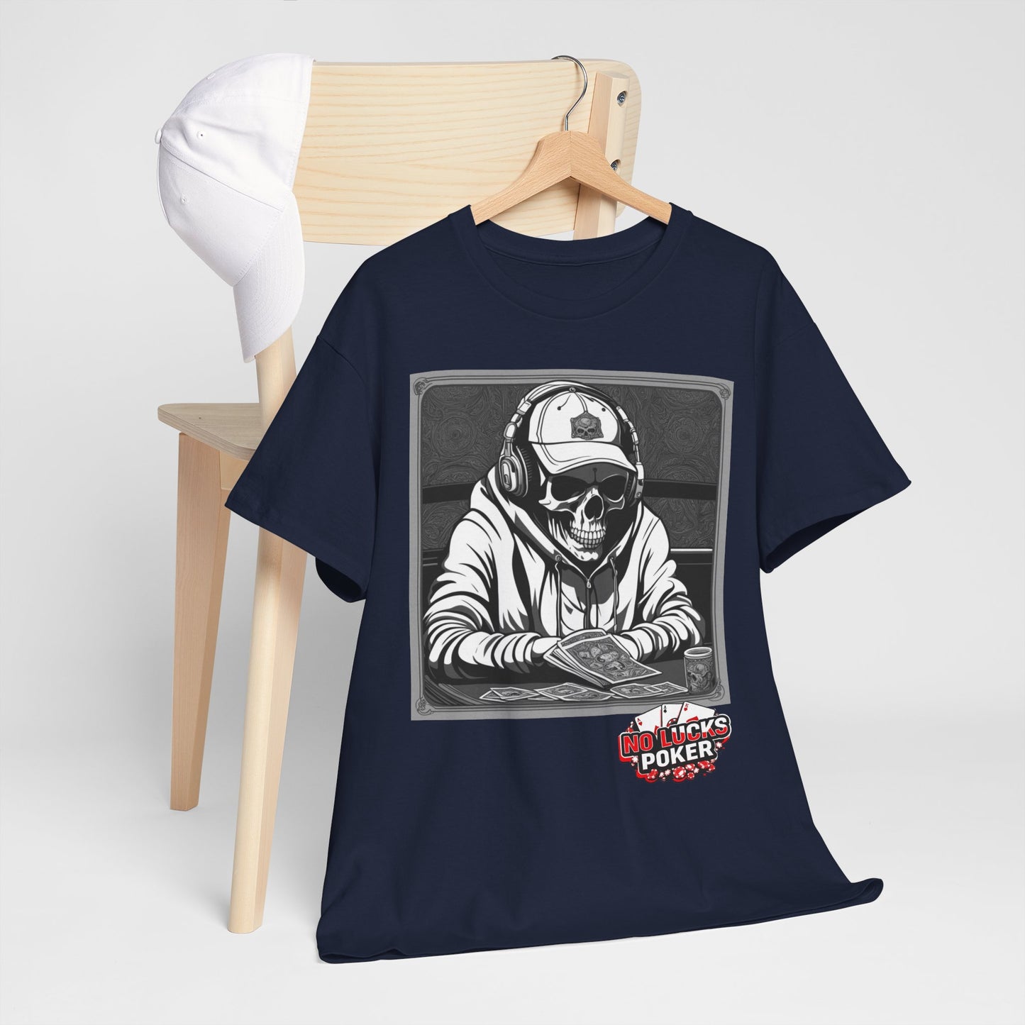 Poker Skull in hoodie and headphones unisex heavy cotton T-shirt No Lucks Given
