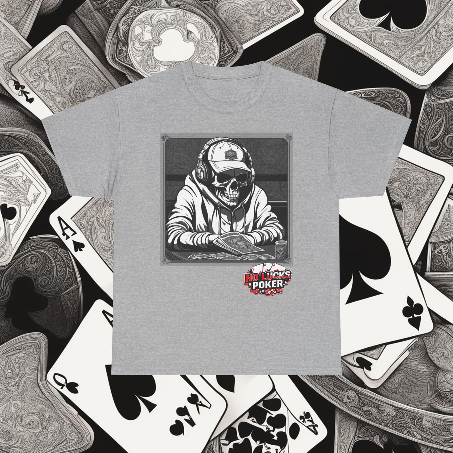 Poker Skull in hoodie and headphones unisex heavy cotton T-shirt No Lucks Given