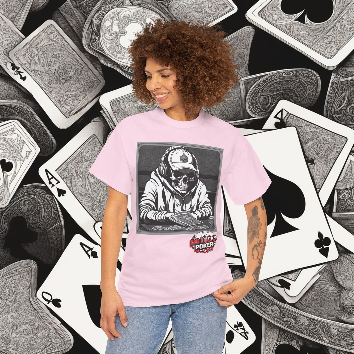 Poker Skull in hoodie and headphones unisex heavy cotton T-shirt No Lucks Given