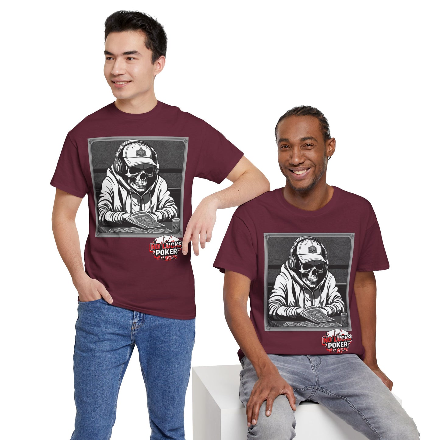Poker Skull in hoodie and headphones unisex heavy cotton T-shirt No Lucks Given