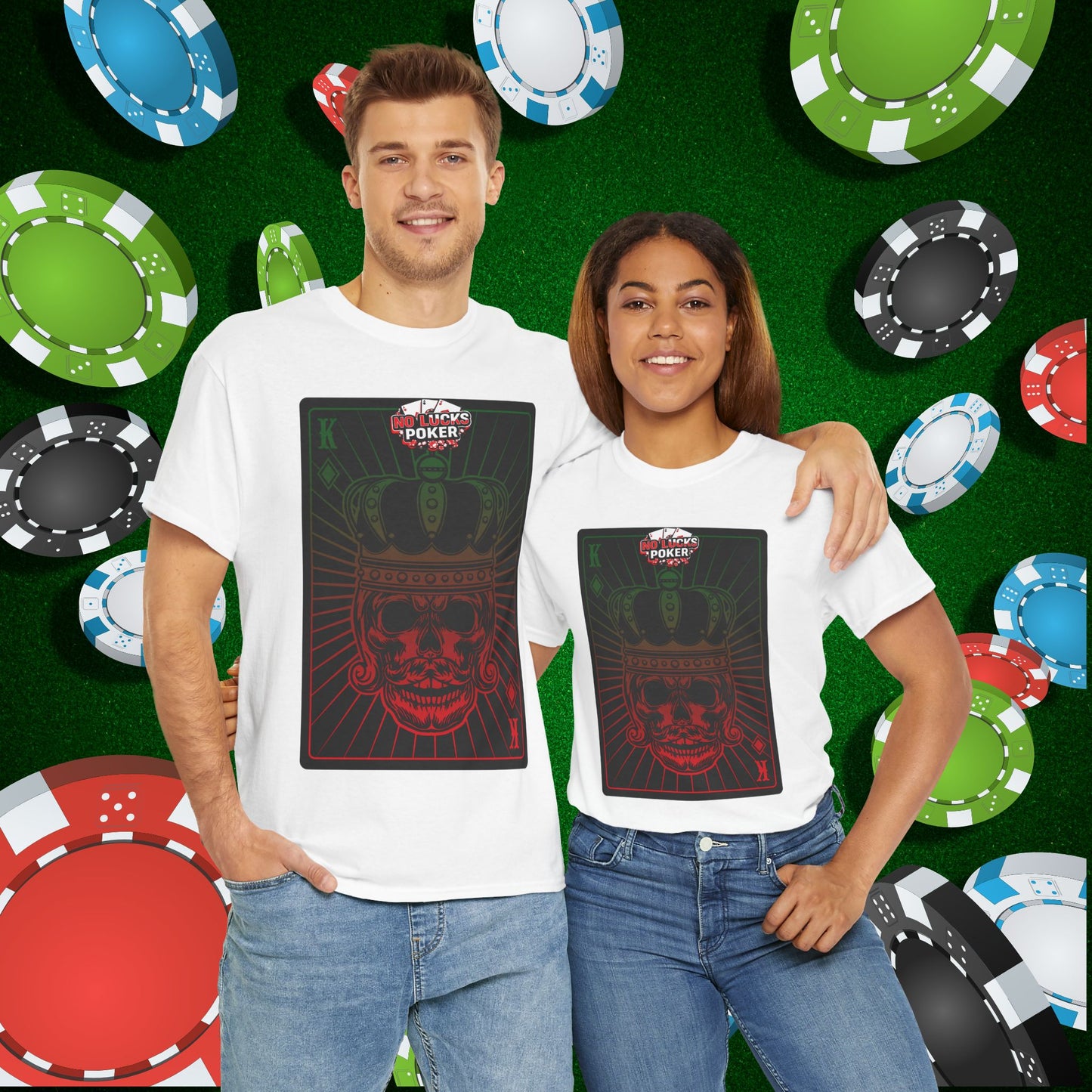 No Lucks Given Royal Skull King of Diamonds Red and Green Poker T-Shirt Must have Good Luck All-in