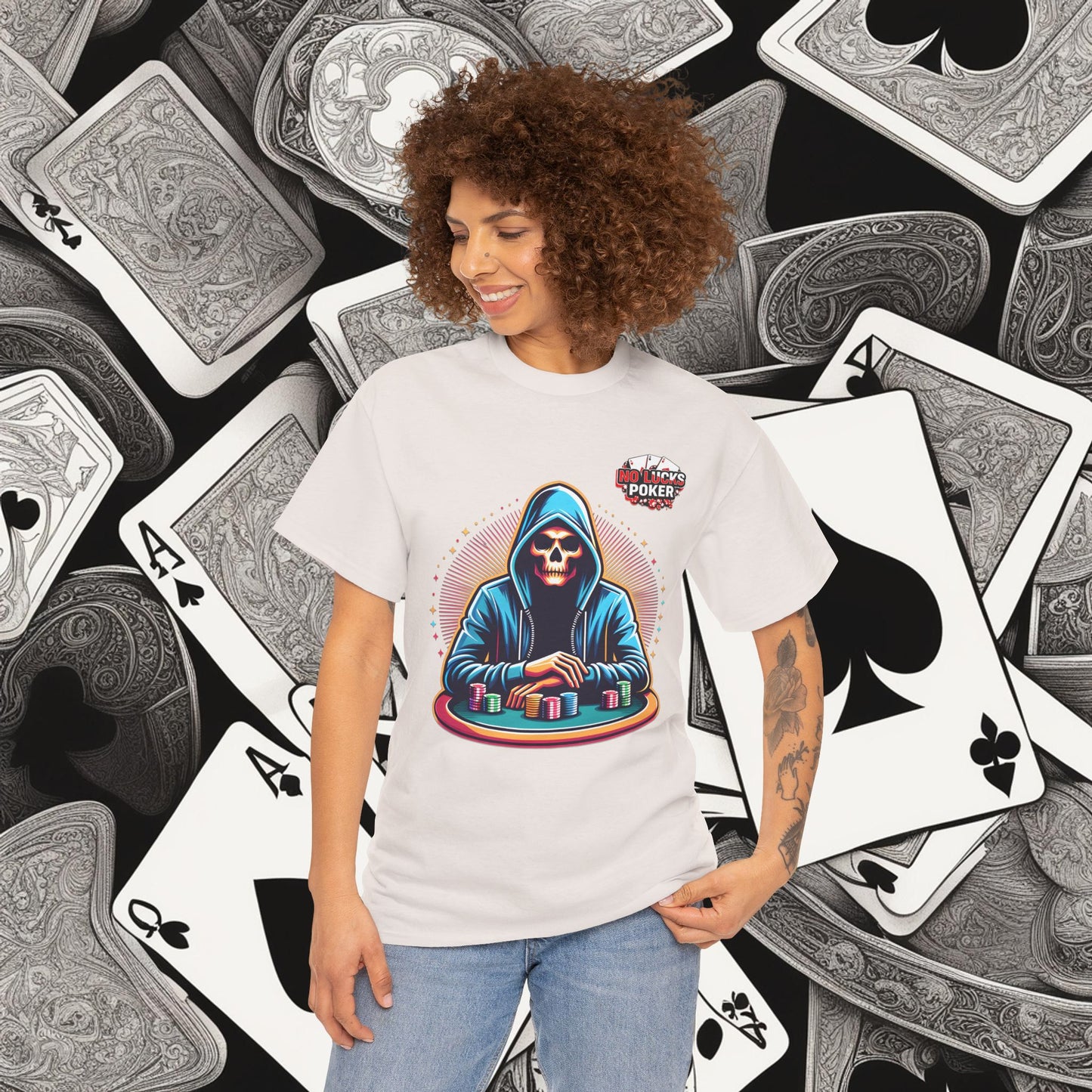 Poker Player with Skull at Poker Table 0 Lucks Given Unisex heavy cotton tee Poker Apparel