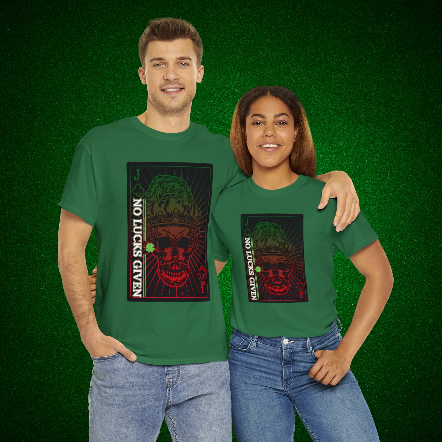 No Lucks Given Jack Skull in Crown of Clubs Green Red Poker T-Shirt Must have Good Luck All-in