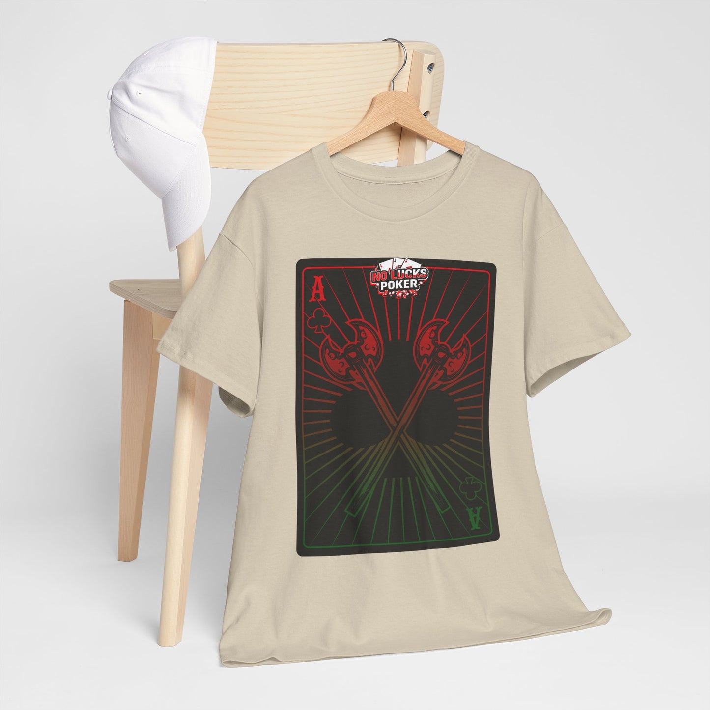 No Lucks Given Ace of Clubs card with two big axes Red Green Poker T-Shirt Must have Good Luck All-in